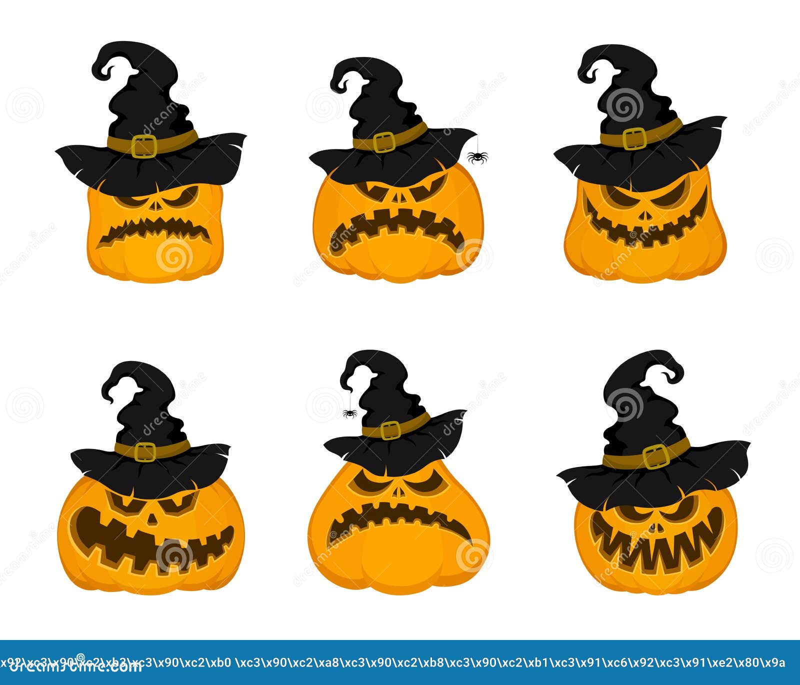 Conjunto De Calabazas Vectoriales En Sombreros De Halloween Con Arañas.  Estilo De Dibujos Animados Ilustración del Vector - Ilustración de octubre,  invitaciones: 193411298