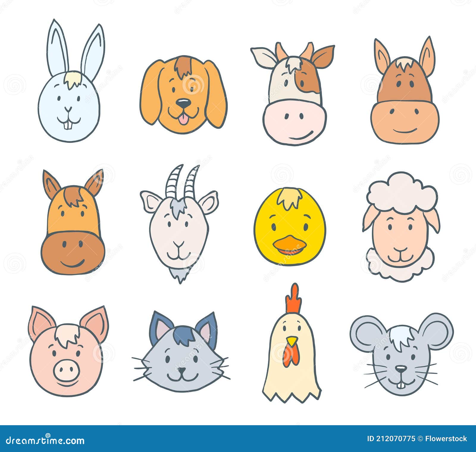 Conjunto De Caras De Animales De Dibujos Animados Ilustración del Vector -  Ilustración de vaca, blanco: 212070775