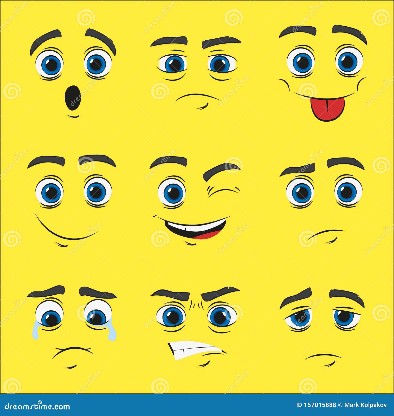 Conjunto De Caras De Dibujos Animados Con Emociones, Vector Ilustración del  Vector - Ilustración de enojado, plano: 157015888