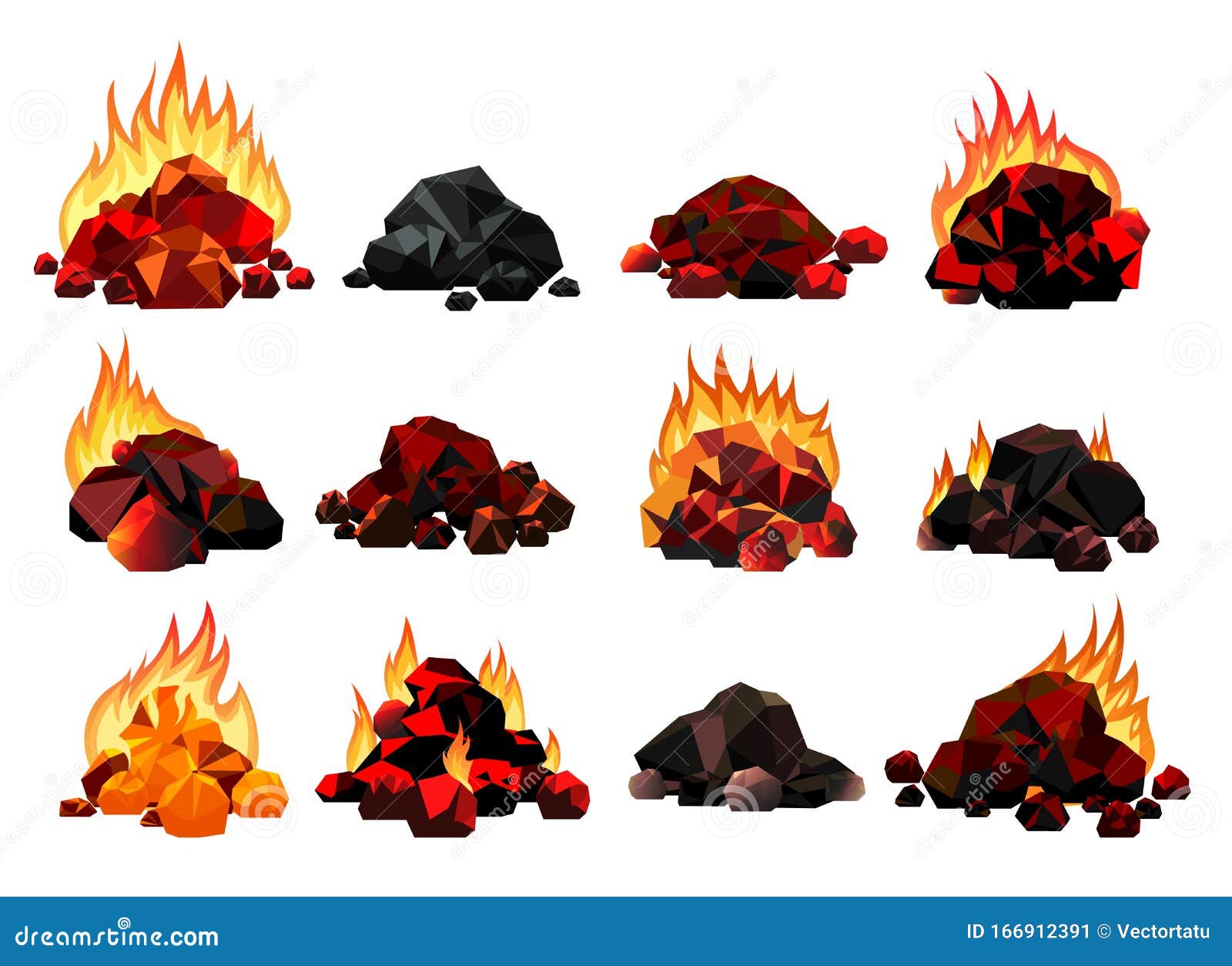 Carvão ardente fogo de chama brilhante realista na pilha de carvões closeup  ilustração vetorial para lareira de chamas de grelha carbono quente ou  imagem de carvão brilhante
