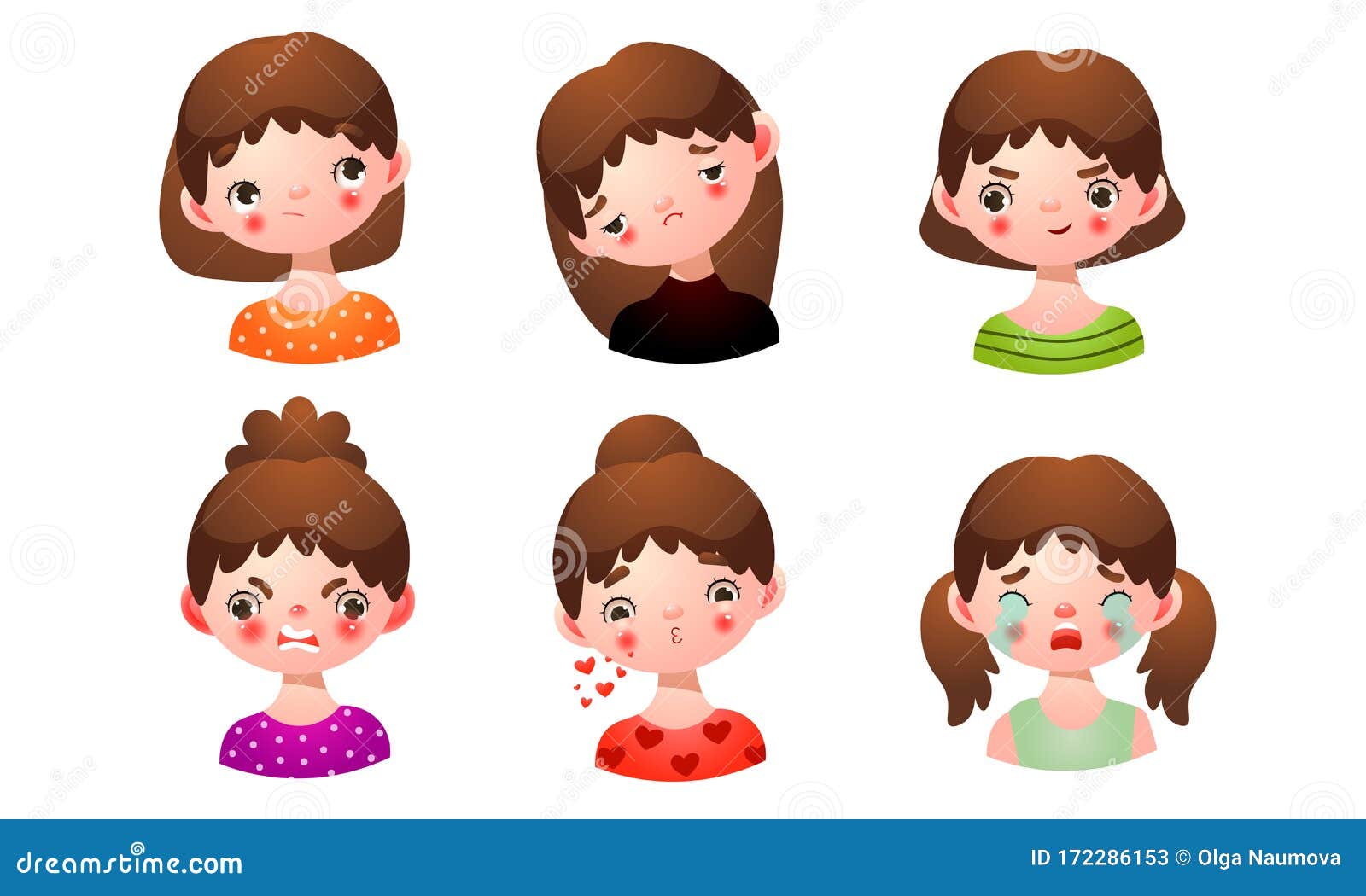 Conjunto De Chicas Con Diferentes Expresiones Faciales Ilustración  Vectorial En Estilo De Dibujos Animados Planos Ilustración del Vector -  Ilustración de emocional, concepto: 172286153