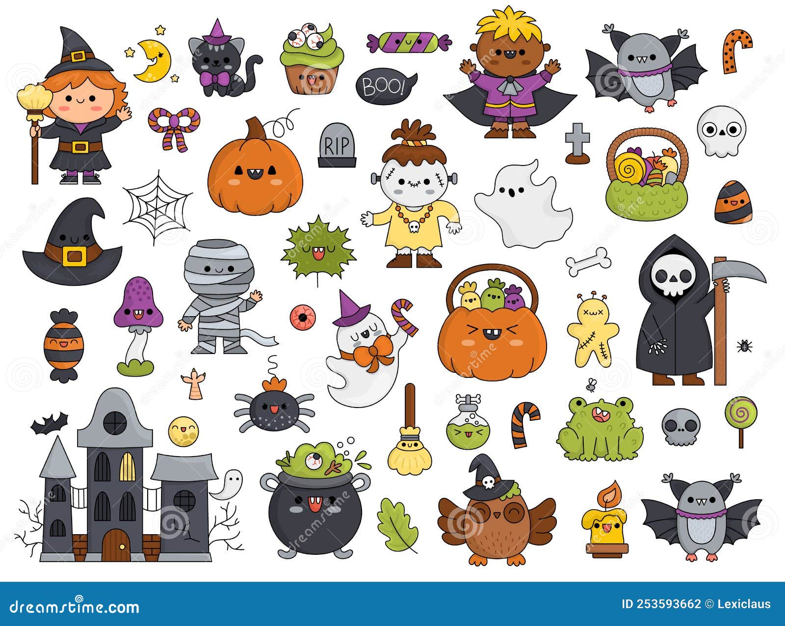 Conjunto De Clipart Vectorial Kawaii Halloween Para Niños. Dibujos Animados  Bonitos Elementos Del Partido Samhain. Colección Temib Ilustración del  Vector - Ilustración de gato, buho: 253593662