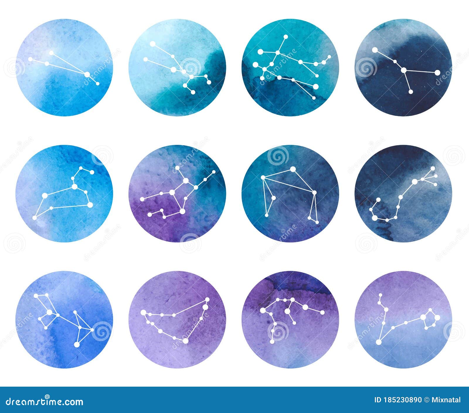Conjunto De Constelaciones De Zodiaco Sobre Fondo Acuarela. Signos De  Zodiaco Vectorial. Ilustración del Vector - Ilustración de cielo, galaxia:  185230890