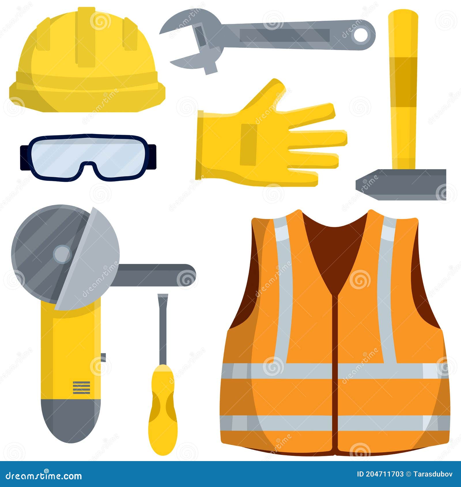 Conjunto De Constructor De Ropa Y Trabajador. Seguridad Y Herramientas.  Ilustración Plana De Dibujos Animados Ilustración del Vector - Ilustración  de aislado, ingeniero: 204711703