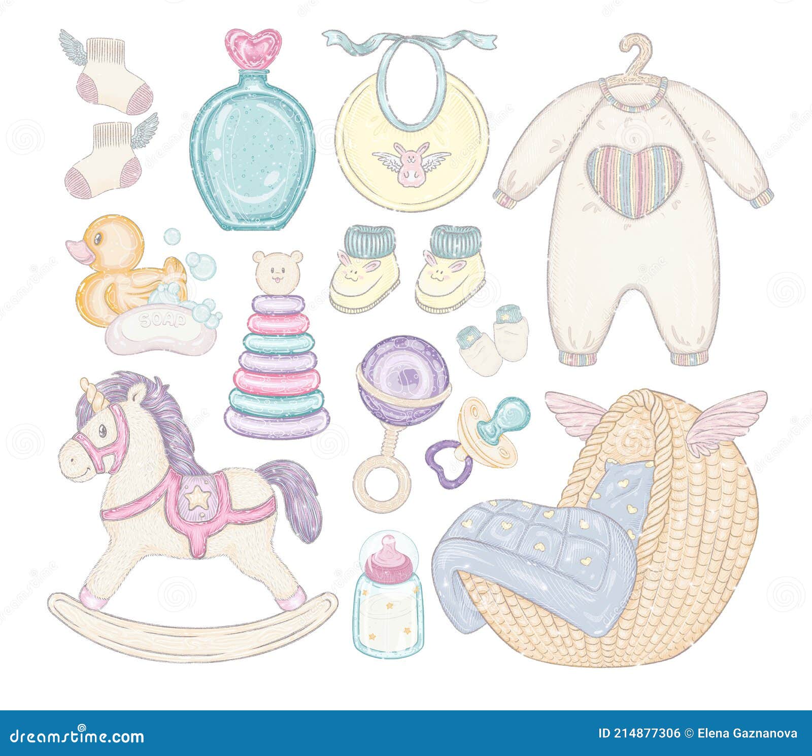 Conjunto De Cosas De Bebé. Niños Cosas Juguetes Y Ropa. Niños Cama Botella  De Leche Mecedor Caballo Unicornio Botines Goma Pato Pa Stock de  ilustración - Ilustración de leche, muchacho: 214877306