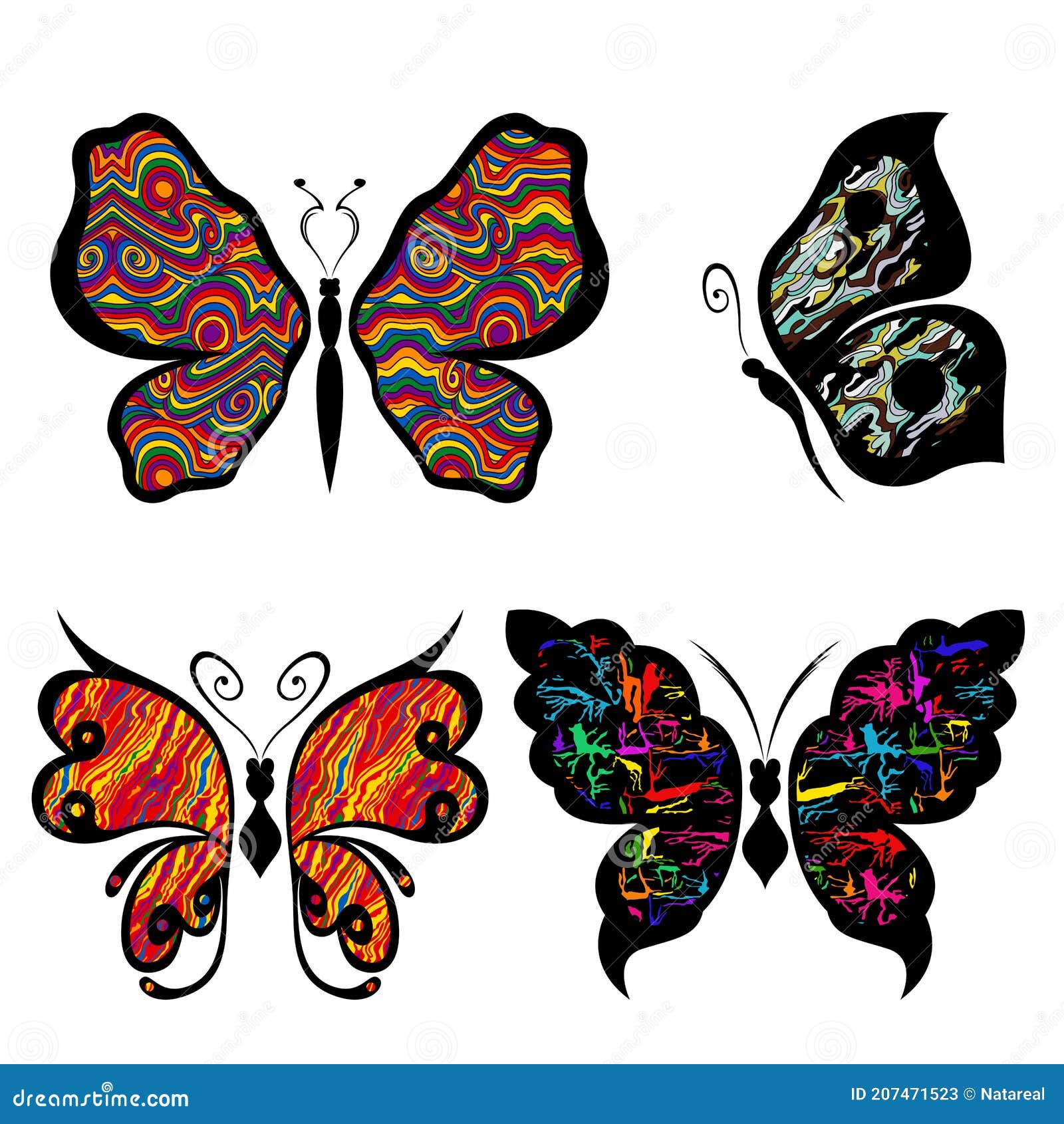 Conjunto De Cuatro Mariposas Coloridas Decorativas Ilustración del