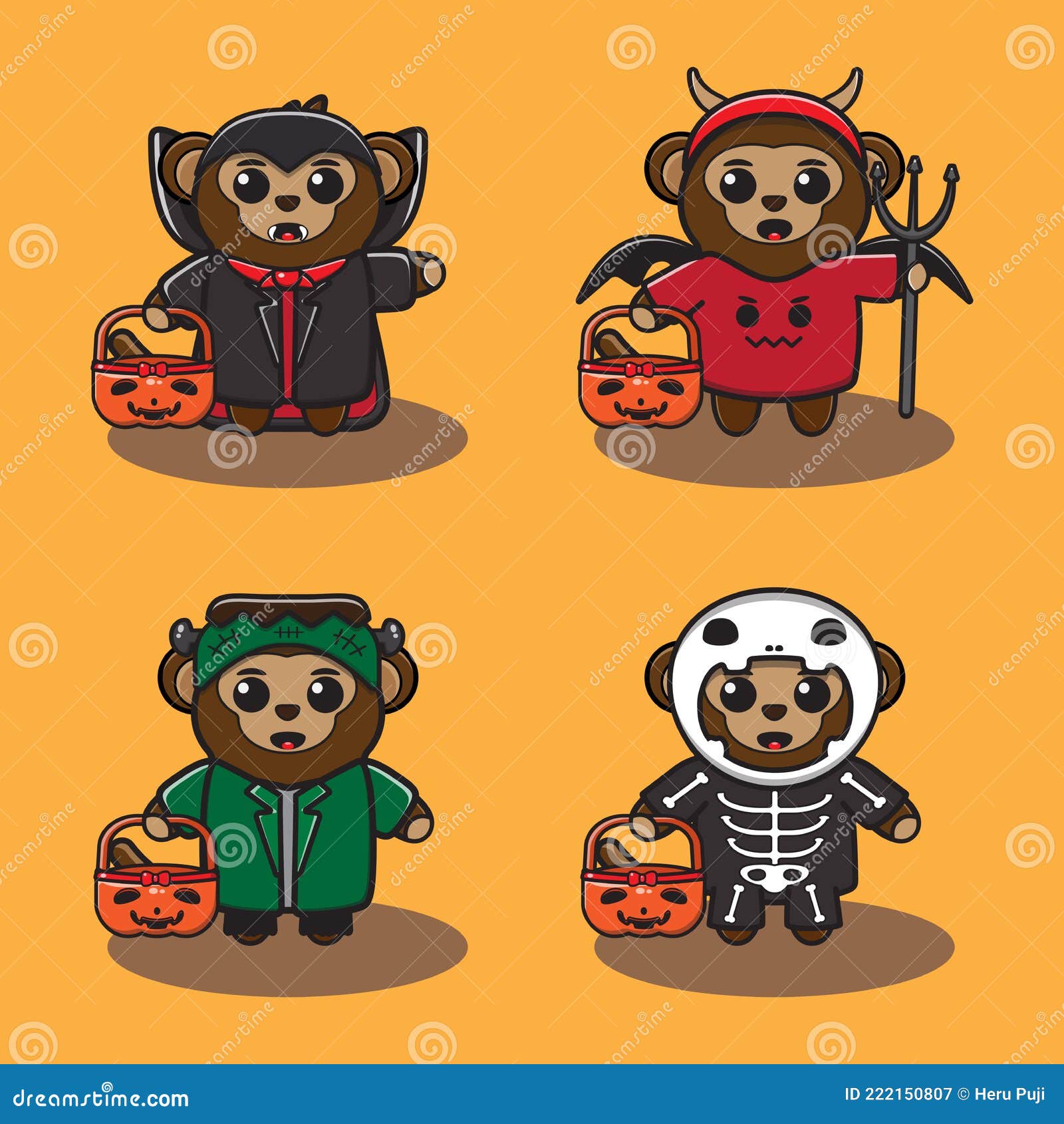 Conjunto De Desenhos Animados Do Macaco Giro Halloween. Ilustração do Vetor  - Ilustração de chapéu, mascote: 222150807