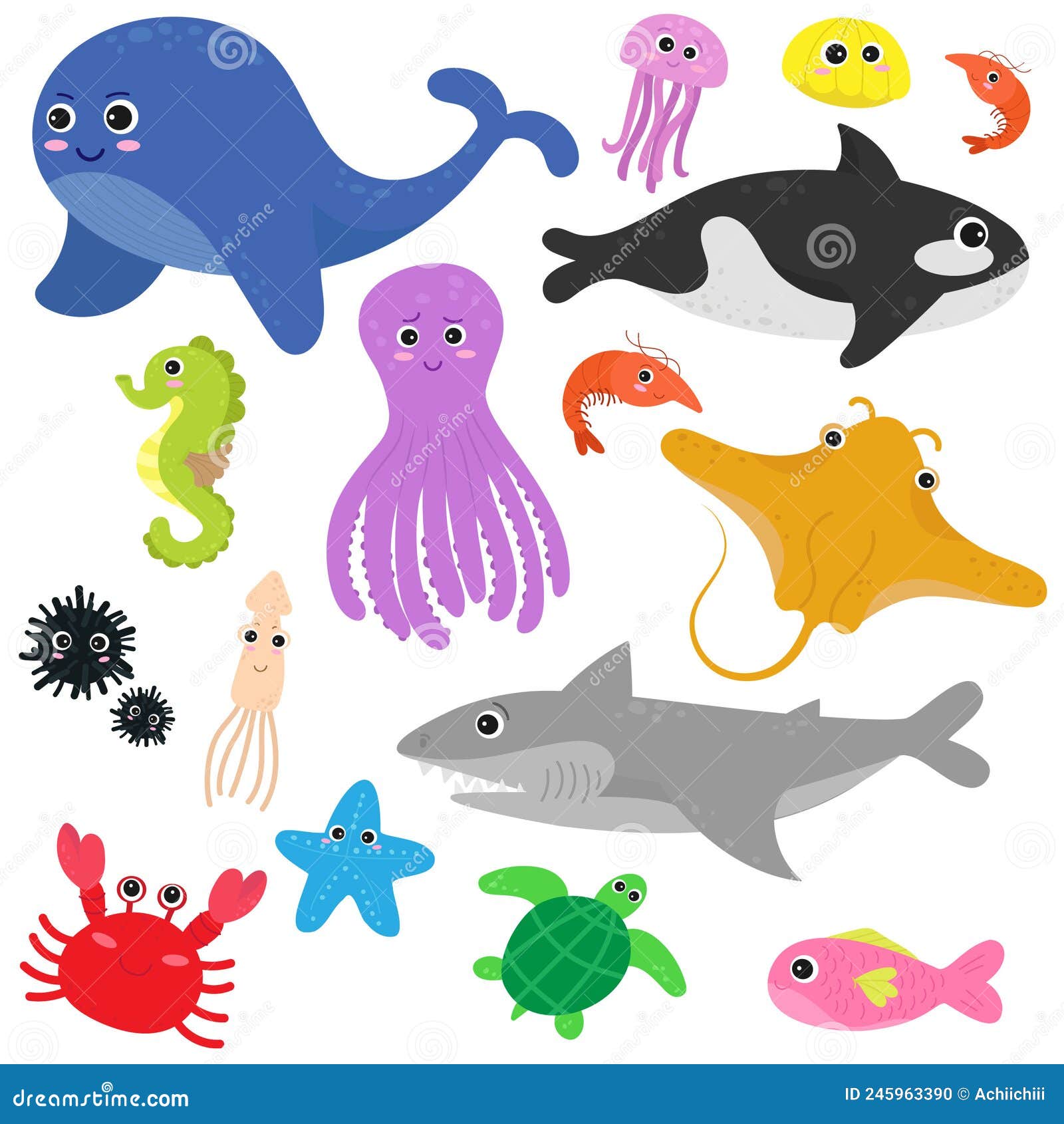 Conjunto De Dibujos Animados De Animales Marinos. Ilustración del Vector -  Ilustración de cangrejo, alimento: 245963390