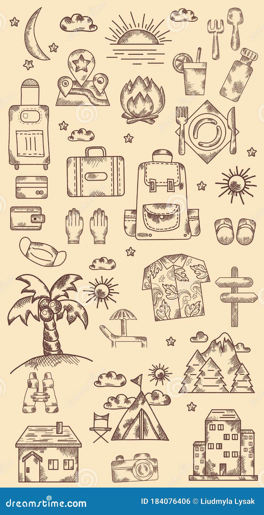 Conjunto De Dibujos a Mano Viajes Por Carretera Vacaciones De Transporte.  Vintage. Línea De Doodle Ilustración del Vector - Ilustración de equipaje,  nearsighted: 184076406