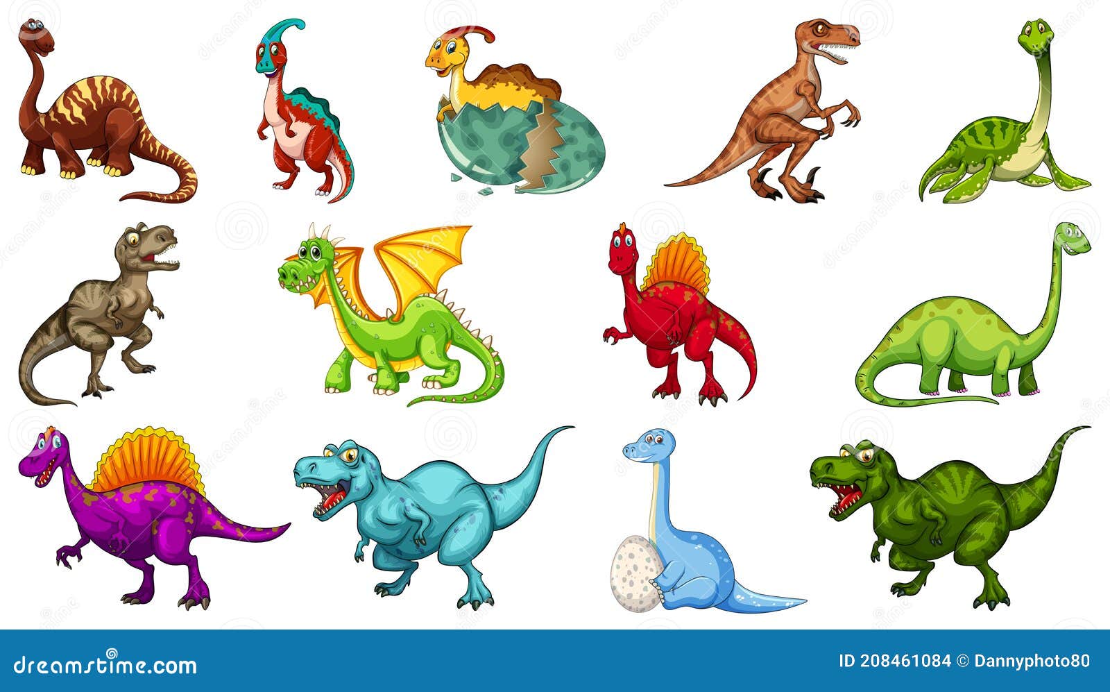 Conjunto De Diferentes Personajes De Dibujos Animados De Dinosaurios  Aislados En Fondo Blanco Ilustración del Vector - Ilustración de dino,  historieta: 208461084