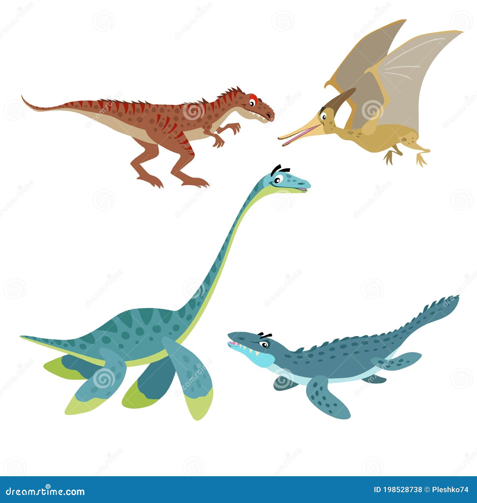 Conjunto De Dinosaurios De Dibujos Animados. Allosauro Plesiosaurio  Pteranodon Y Mosasaurio. Vuelo Terrestre Y Colección De Dinosa Ilustración  del Vector - Ilustración de colorido, divertido: 198528738