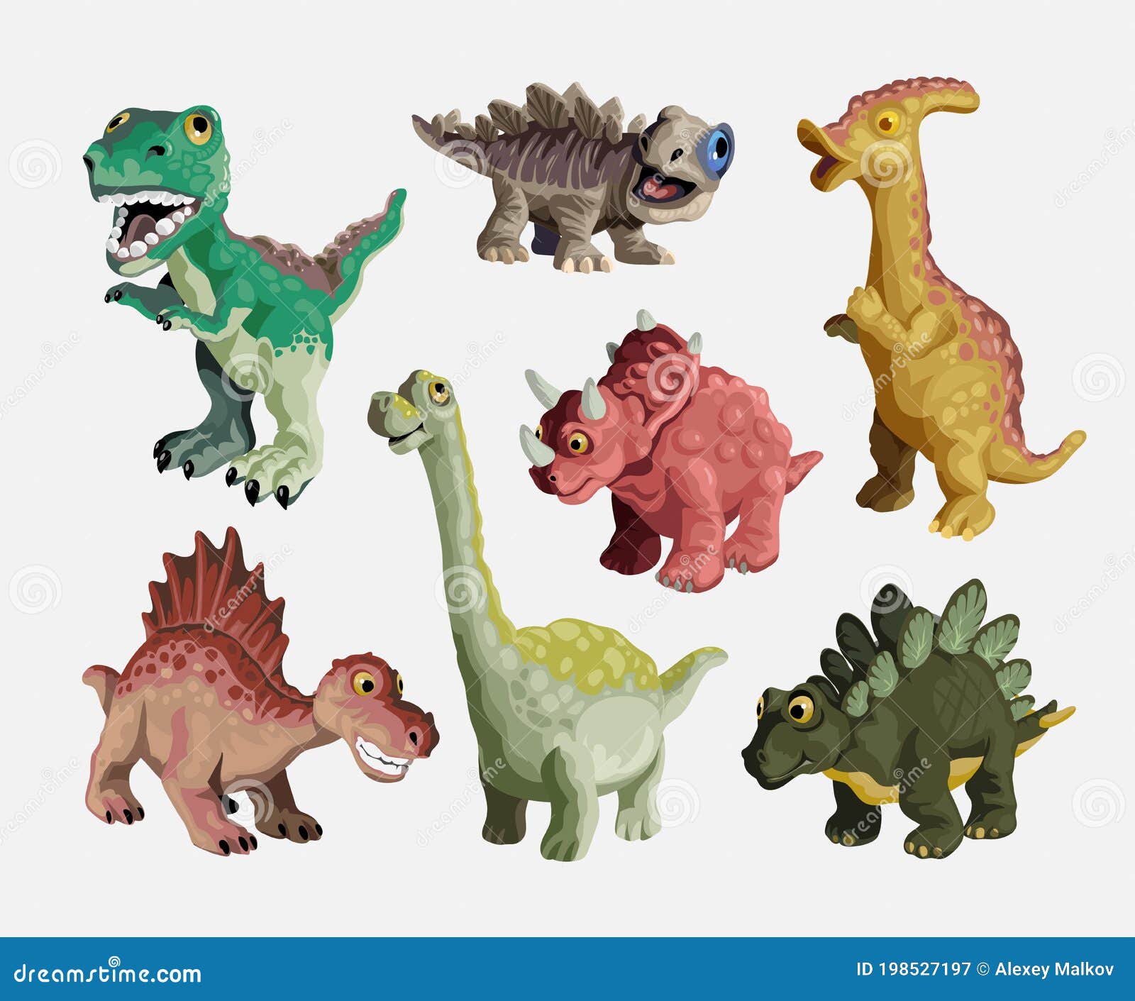 Conjunto de desenhos animados de dinossauros com nomes vetor(es) de stock  de ©macrovector 454621906