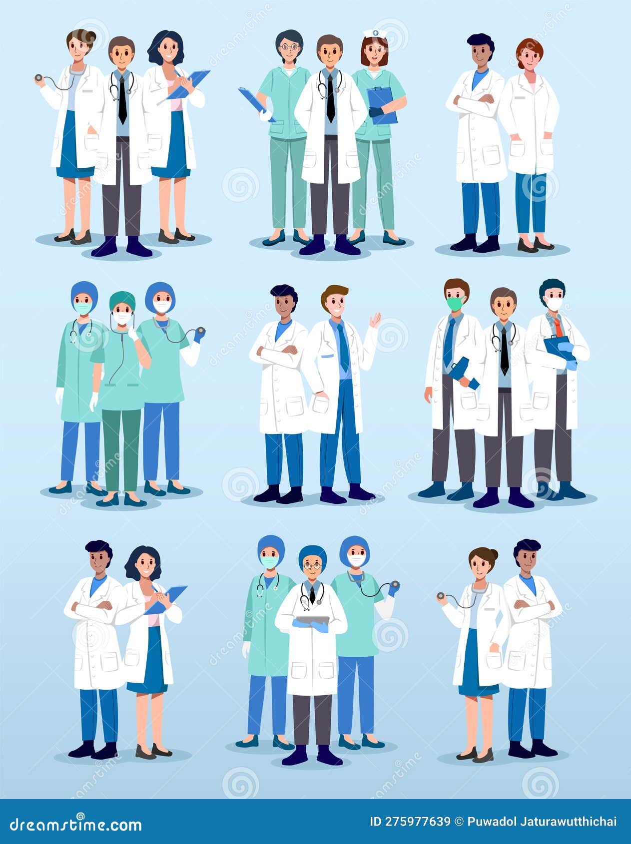 Conjunto de personagens de desenhos animados de médico e