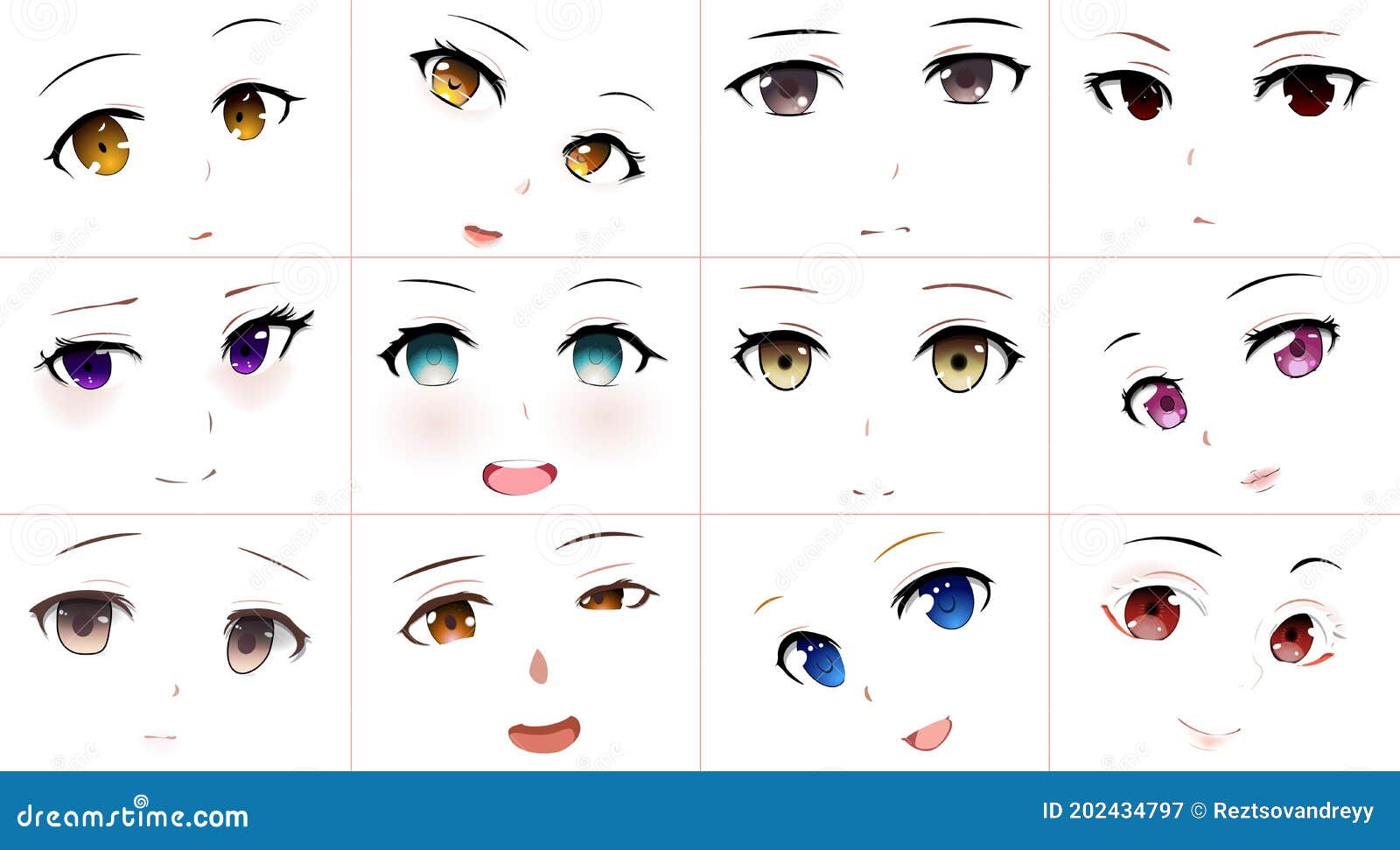 Conjunto De Expresiones De Estilo De Anime De Dibujos Animados Vectoriales.  Caras Lindas De Kawaii. Ojos Diferentes Boca Cejas. Al Ilustración del  Vector - Ilustración de lindo, icono: 202434797