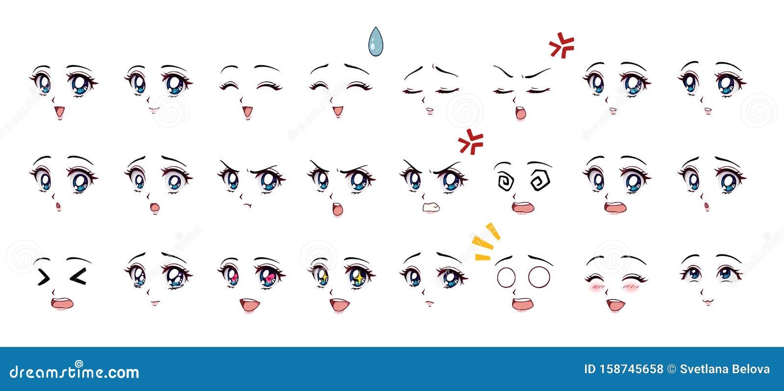 Conjunto De Expressões De Estilo De Anime De Desenho Animado Olhos  Diferentes, Boca, Sobrancelhas Ilustração do Vetor - Ilustração de fêmea,  riso: 158745462