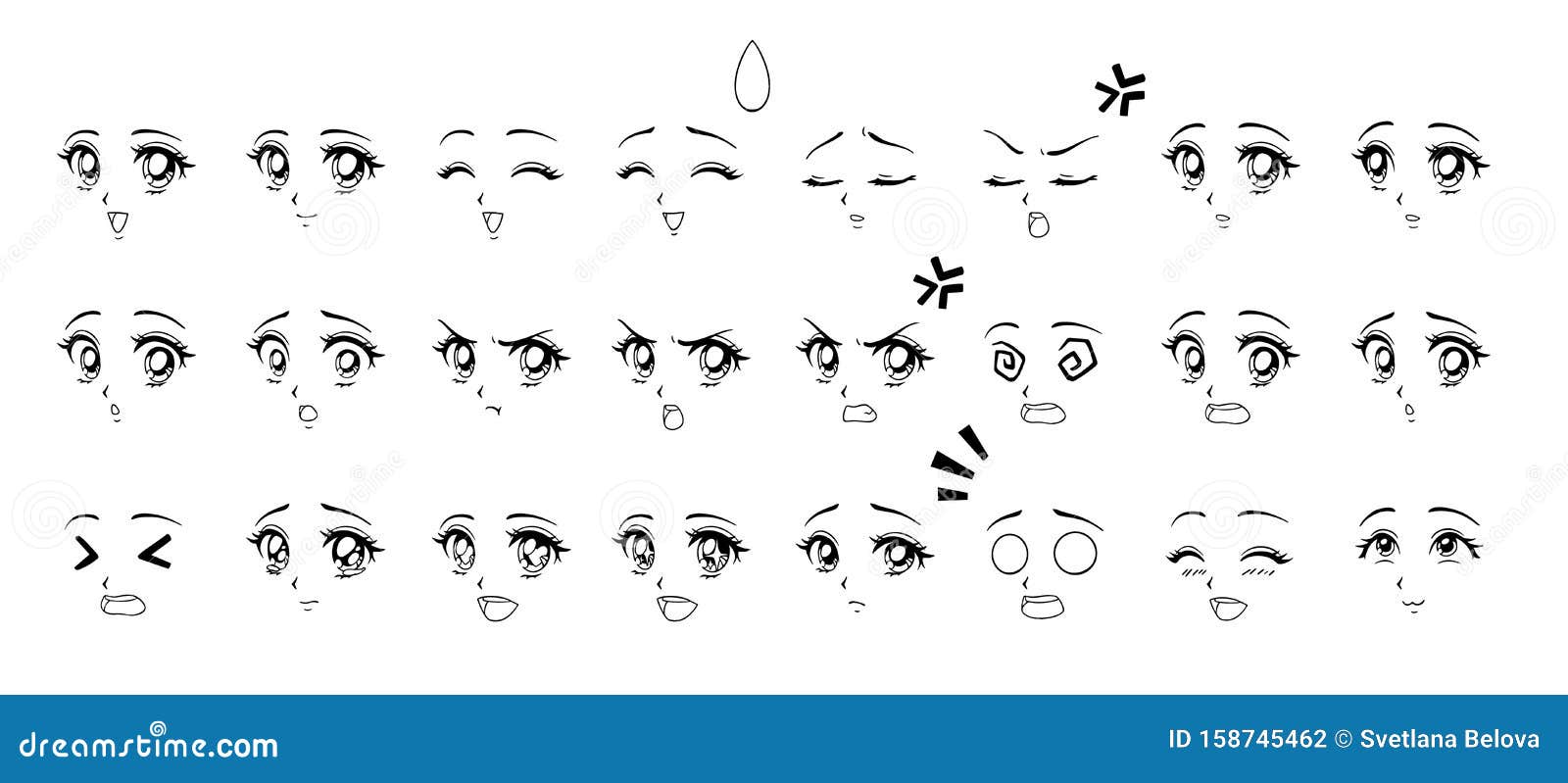 Olhos bonitos de garotas de anime. expressões de rosto de mangá. ilustração  vetorial.