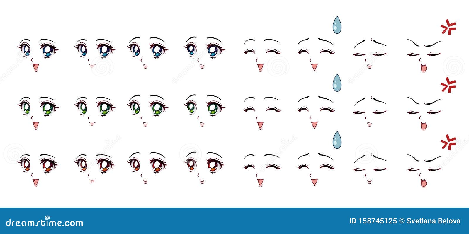 Conjunto De Expressões De Estilo De Anime De Desenho Animado Olhos  Diferentes, Boca, Sobrancelhas Ilustração do Vetor - Ilustração de  irritado, isolado: 158745181