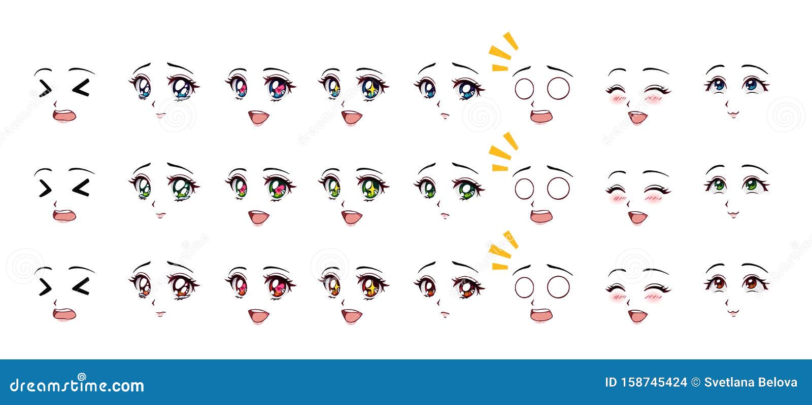 Expressões de anime rostos fofos de kawaii com olhos, lábios e