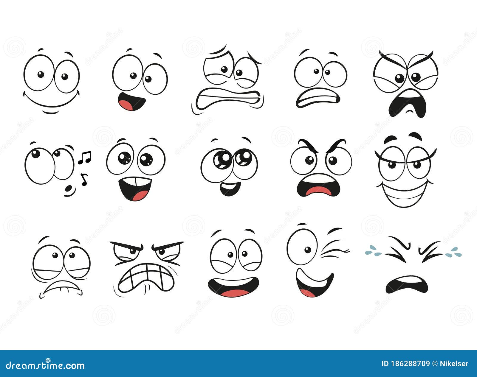 coleção de rostos de desenhos animados desenhados à mão. olhos expressivos  e boca, sorrindo, chorando e