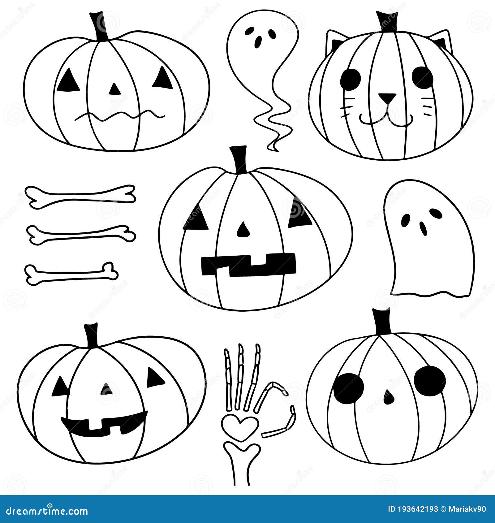 Conjunto De Halloween Calabazas De Dibujos Animados Sobre Fondo Blanco.  Dibujado a Mano Doodle Halloween Elementos. Decoraciones D Ilustración del  Vector - Ilustración de octubre, contorneado: 193642193