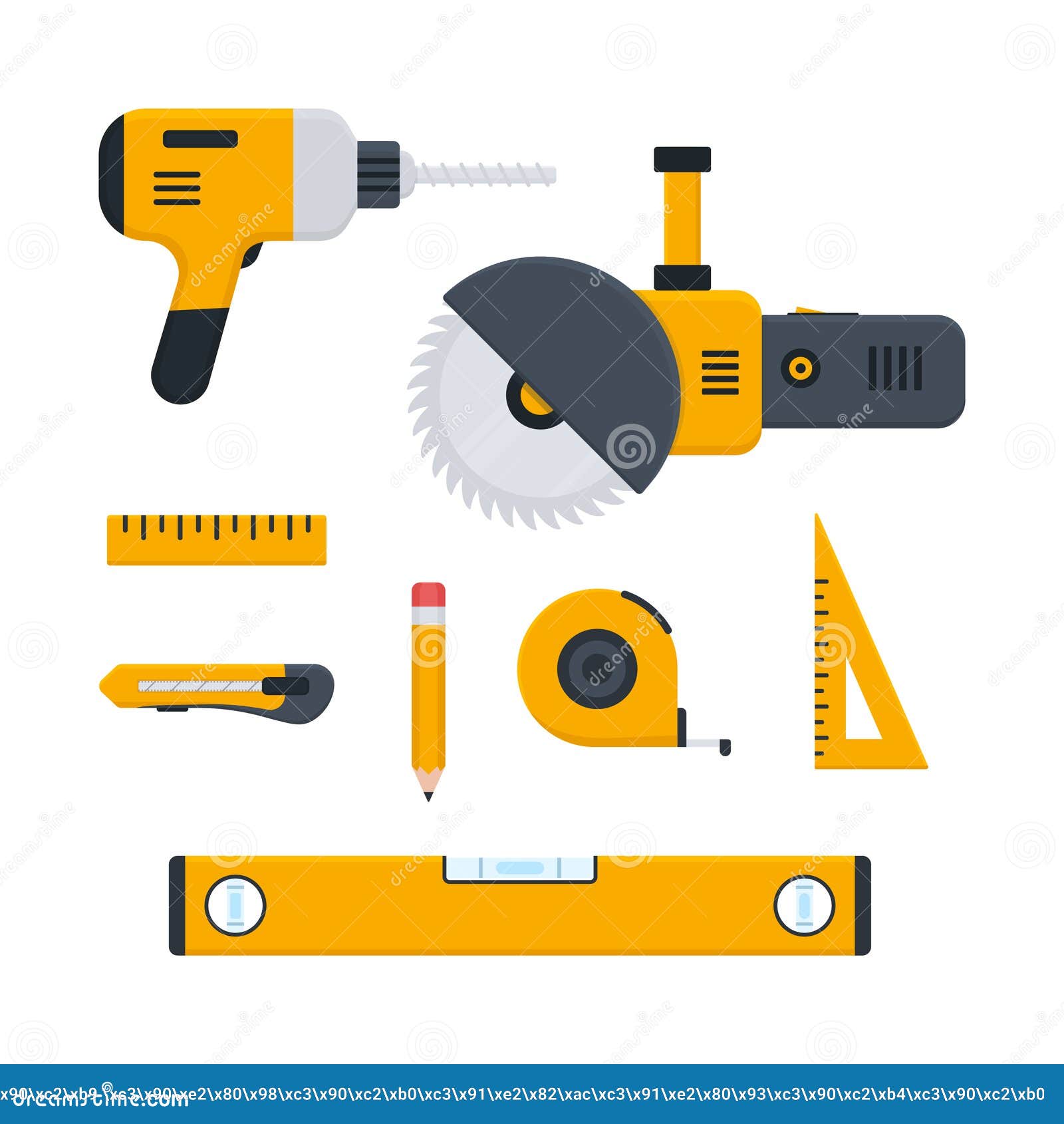 Concepto de diseño plano de herramientas de carpintería colección de  herramientas de trabajo amarillas aisladas sobre fondo blanco