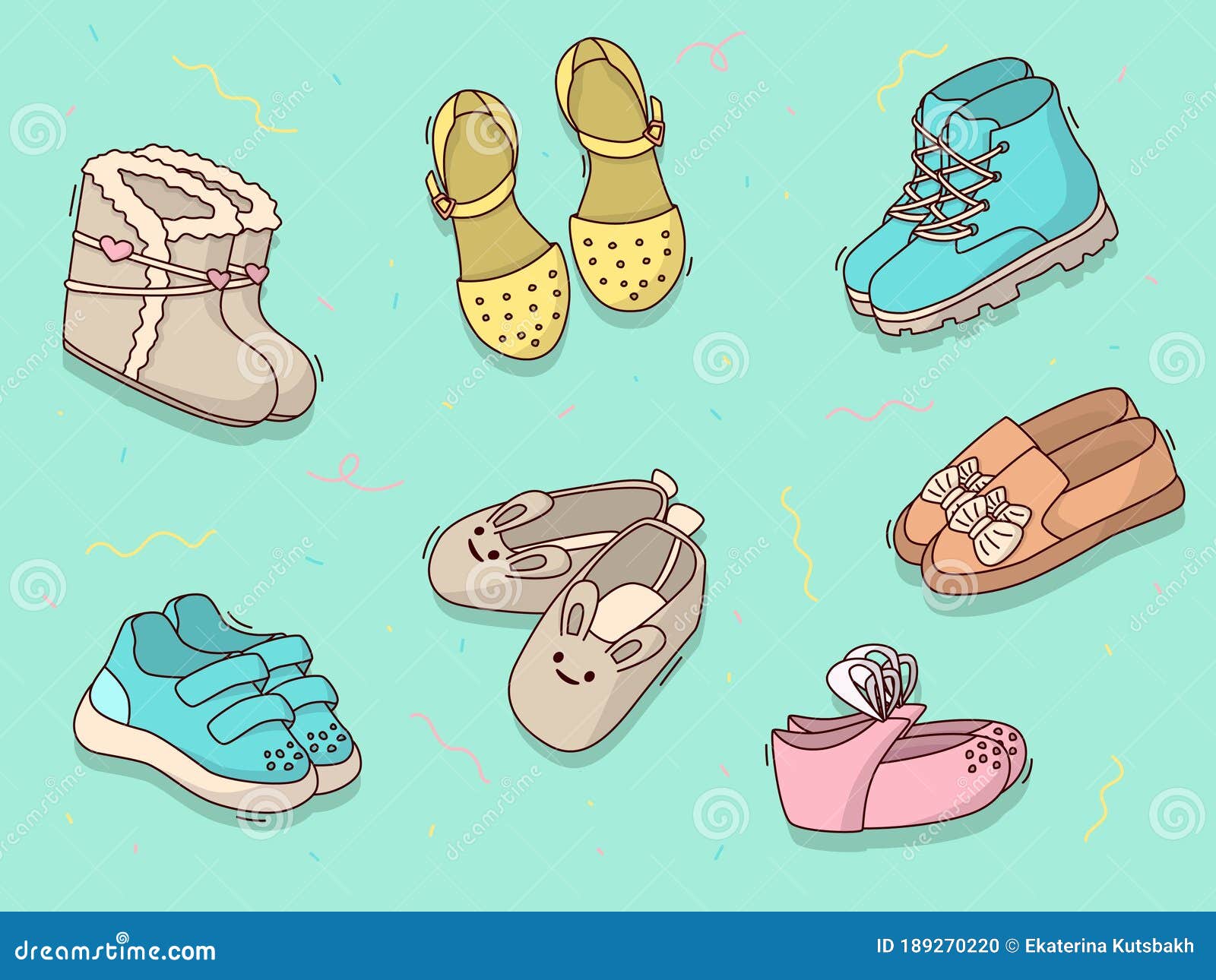 Conjunto De Iconos De Dibujos Animados Divertidos Patron De Zapatos Para Ninos Sandalias Zapatillas Zapatos Zapatillas Zapatill Stock De Ilustracion Ilustracion De Zapato Arrancar