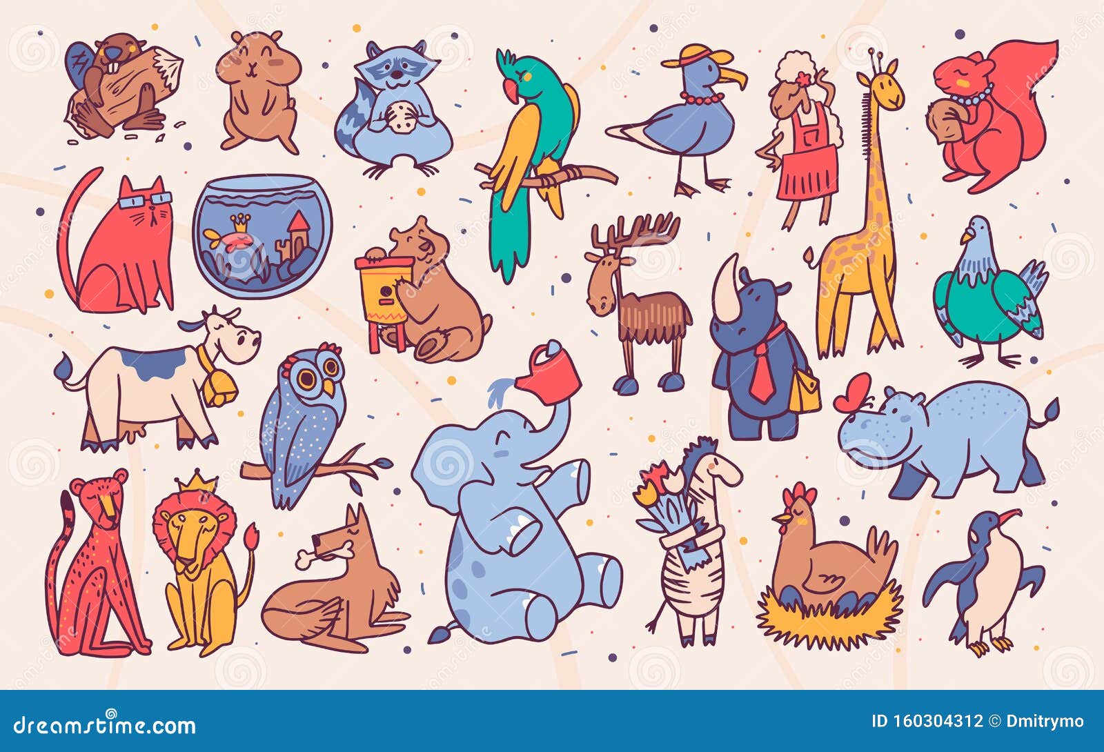 Conjunto de ilustração de doodle de desenho animado de animais kawaii