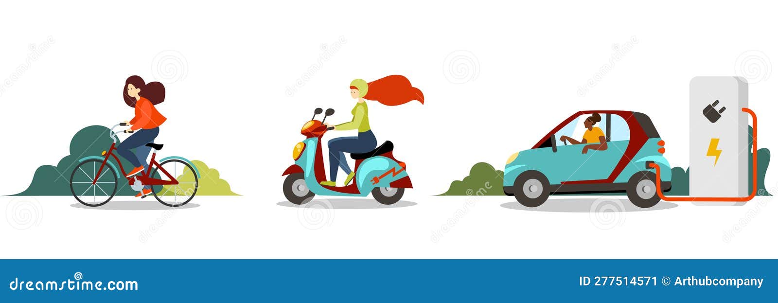 Conjunto de vetores de bicicleta, scooter e motos dos desenhos