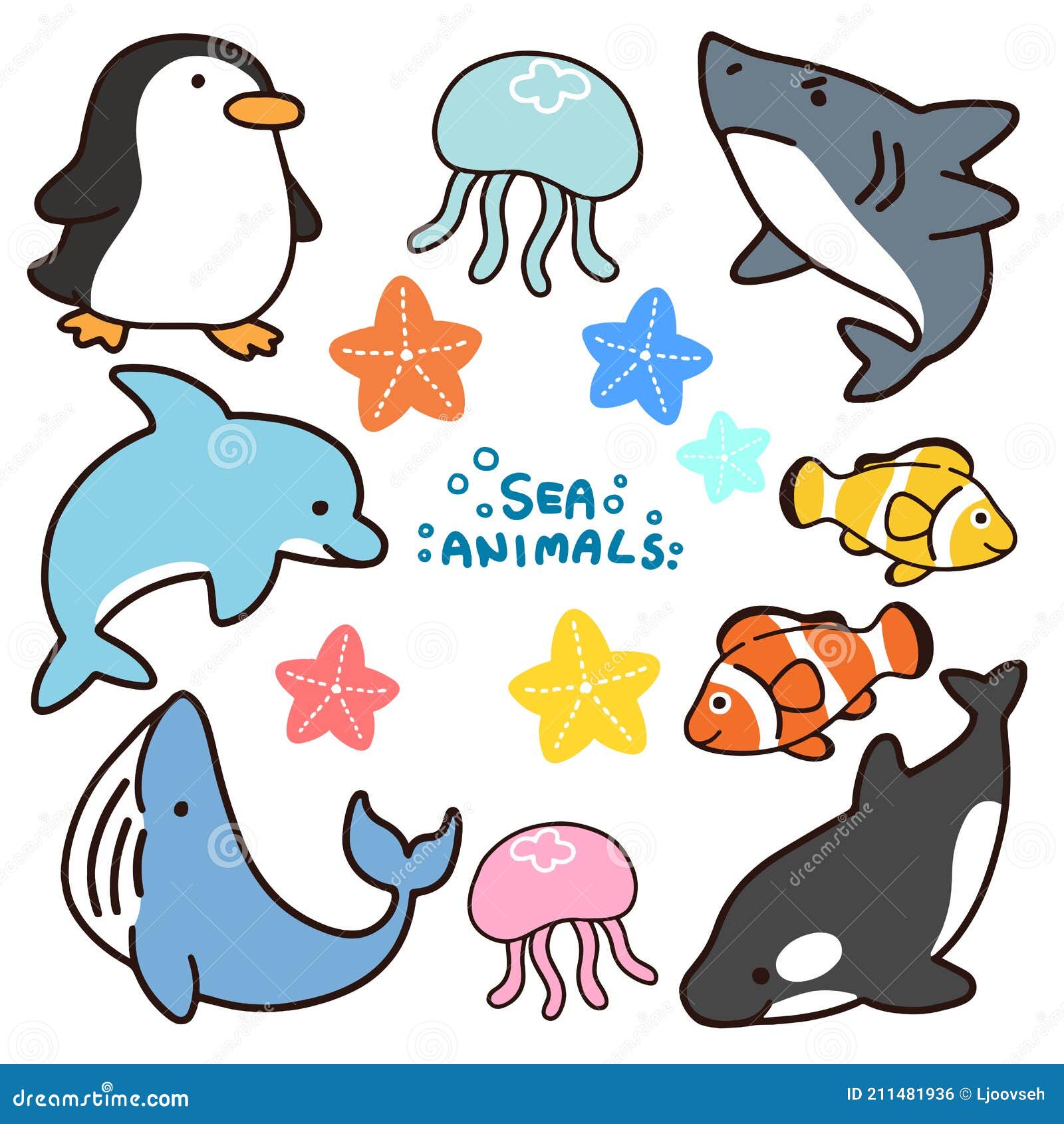 Conjunto De Ilustraciones De Animales Marinos Simples Y Adorables  Ilustración del Vector - Ilustración de ballena, mano: 211481936