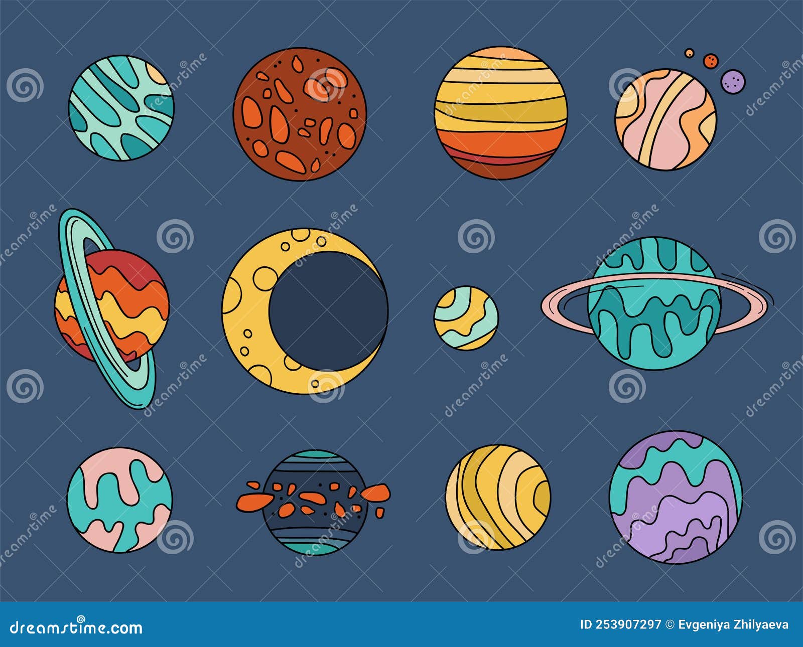 Conjunto De Ilustraciones De Pegatinas Con Planetas En El Estilo