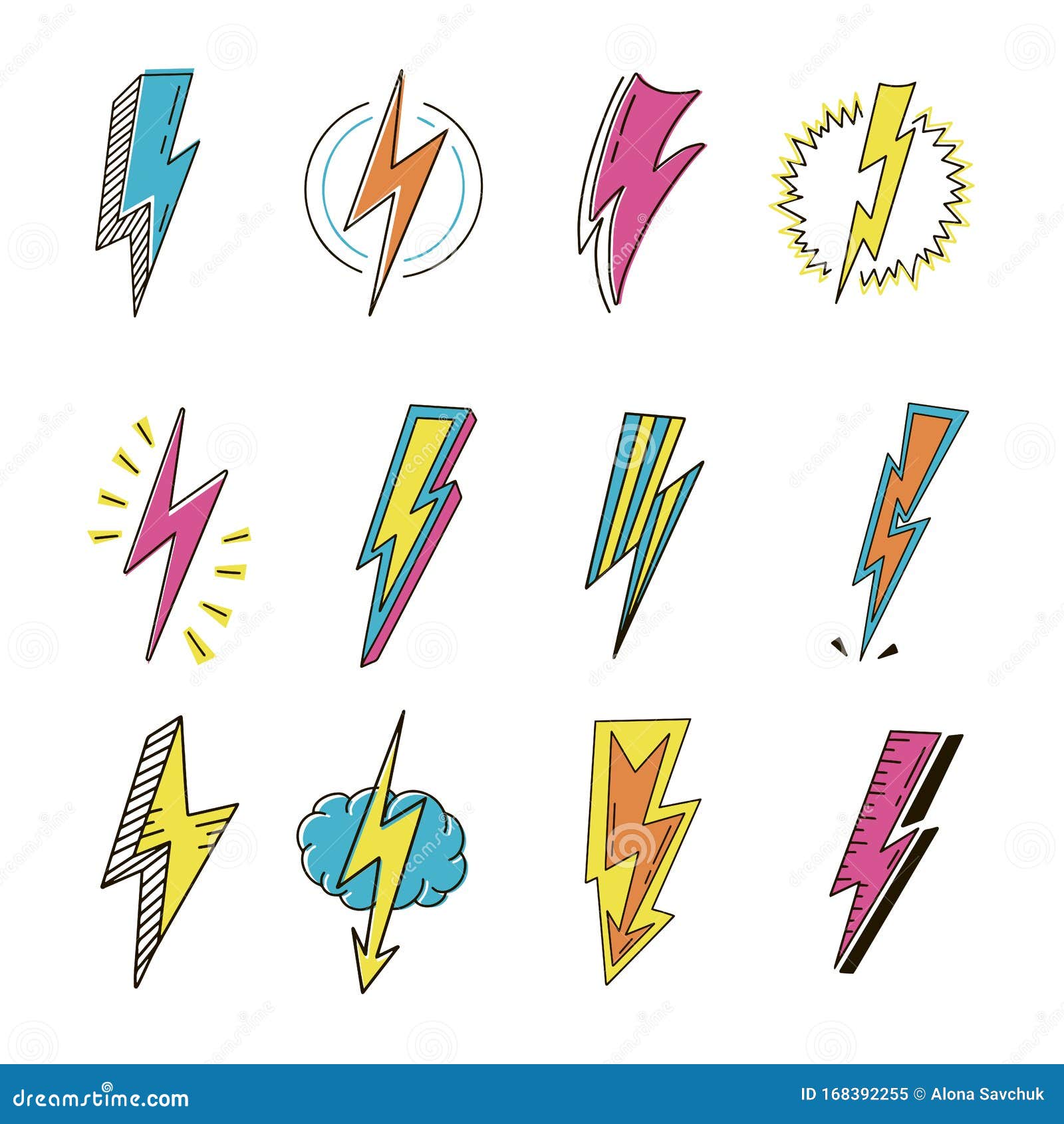 Conjunto De Ilustraciones Vectoriales Retro De Dibujos En Color De Rayos  Ilustración del Vector - Ilustración de velocidad, retro: 168392255