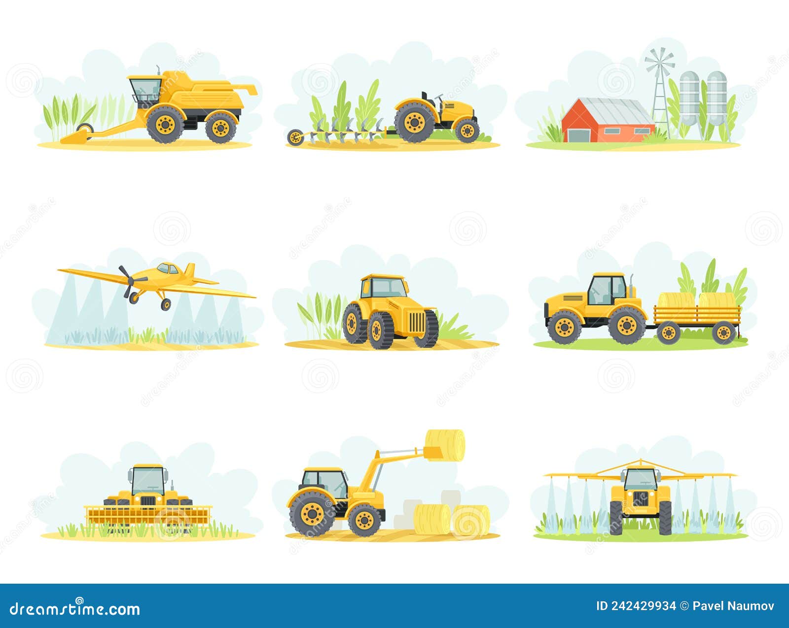 Conjunto de desenhos com trator agrícola de diferentes pontos de vista