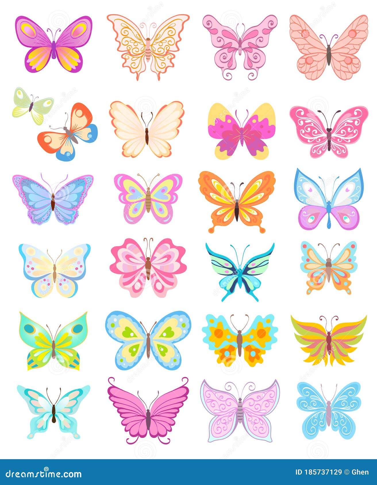 Conjunto De Mariposas De Dibujos Animados Con Colores Suaves Y Claros.  Vector Ilustración del Vector - Ilustración de historieta, icono: 185737129