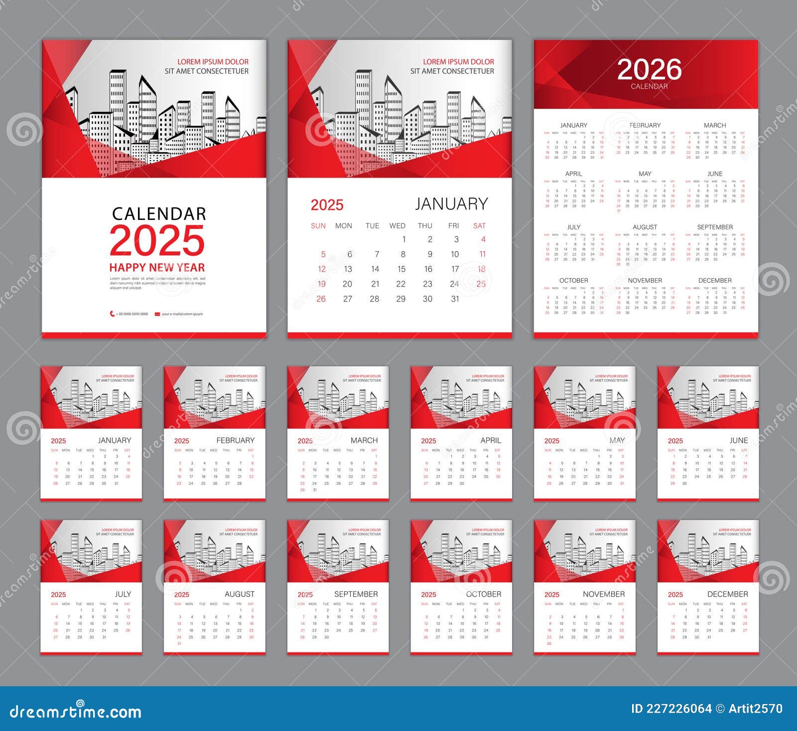 Conjunto De Modelos Do Calendário De Parede 2025 E Calendário 2026 — Design Red Cover. Semana