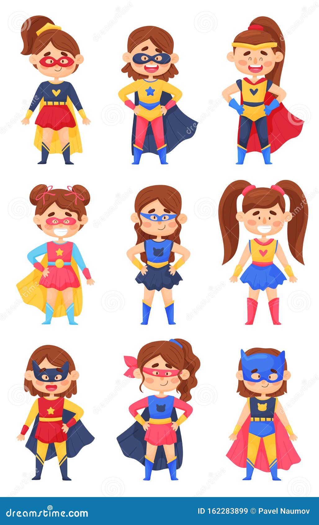 Conjunto De Niñas Pequeñas En Vestuario De Superhéroes Y Personajes De  Dibujos De Caricaturas De Mujeres Gateras Ilustración del Vector -  Ilustración de cabrito, sonrisa: 162283899