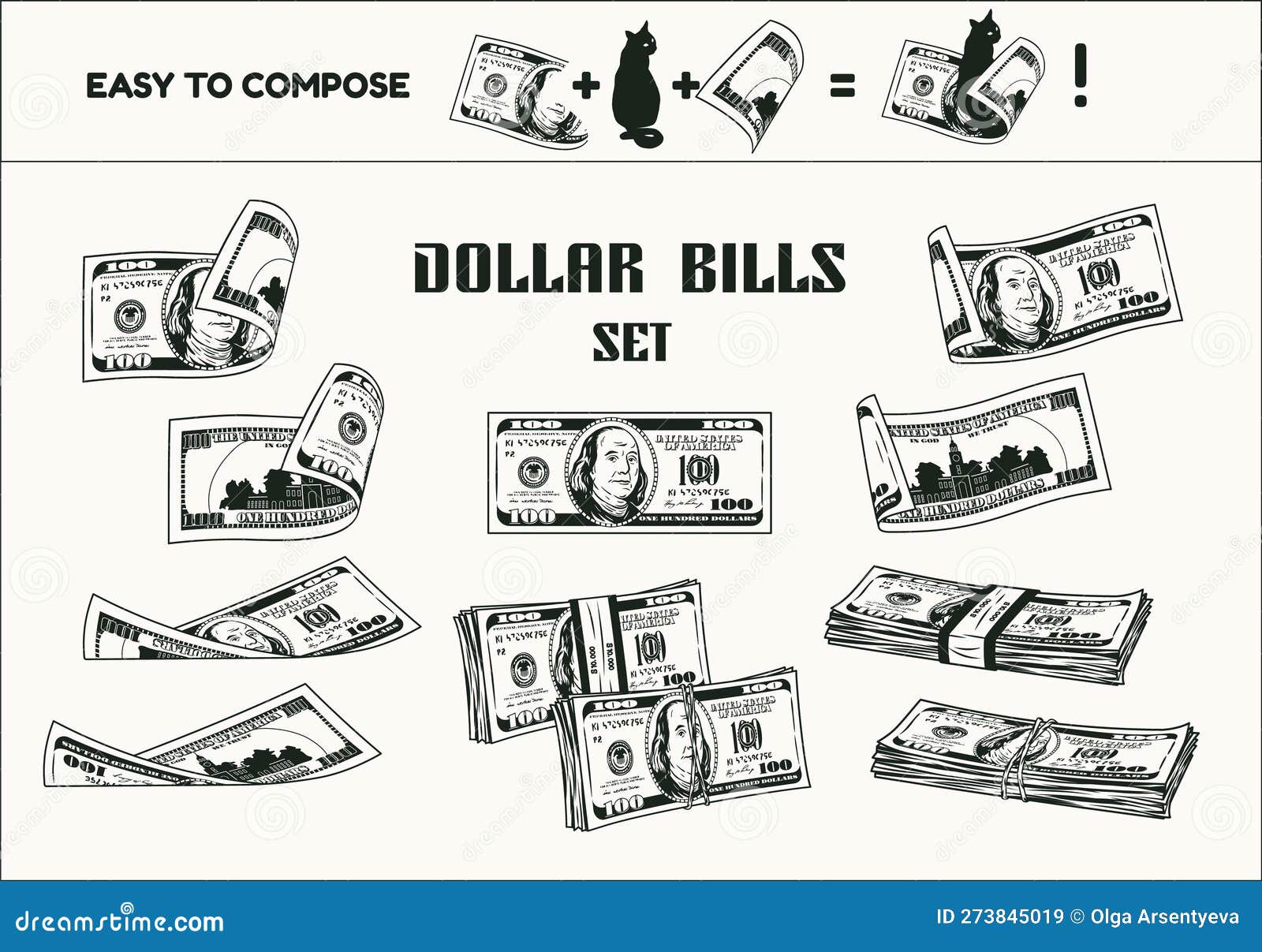 Dólares de dinheiro dobrados ao meio ilustração vetorial isolada esboço de  dinheiro pilha de papel-moeda