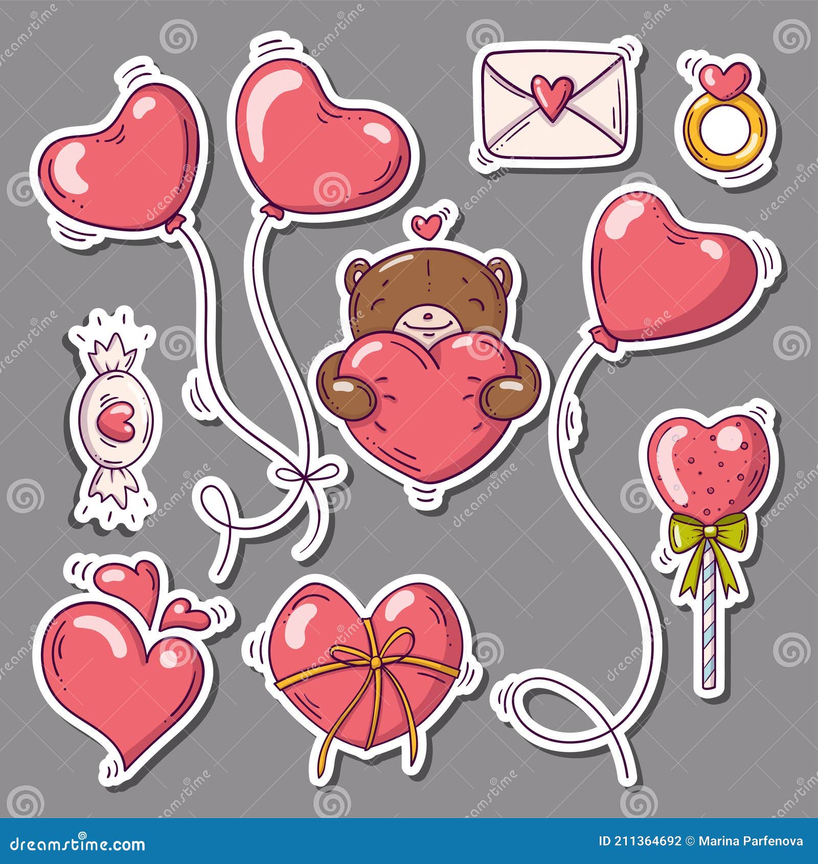 Conjunto De Pegatinas Con Corazones Y Otros Objetos De Amor Para St. Día De  San Valentín En Estilo Doodle Ilustración del Vector - Ilustración de  chupete, historieta: 211364692