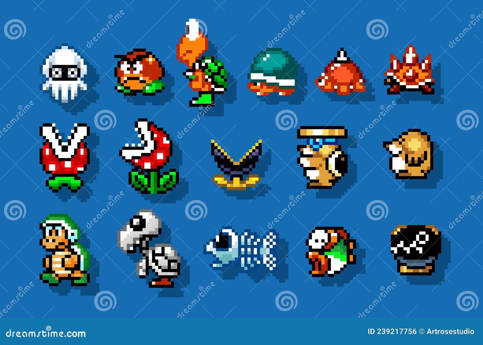 Conjunto De Personagens Inimigos Da Ilustração Vetorial De Design De Pixel  De Jogos Clássicos Super Mario Foto Editorial - Ilustração de jogos, vetor:  239217756