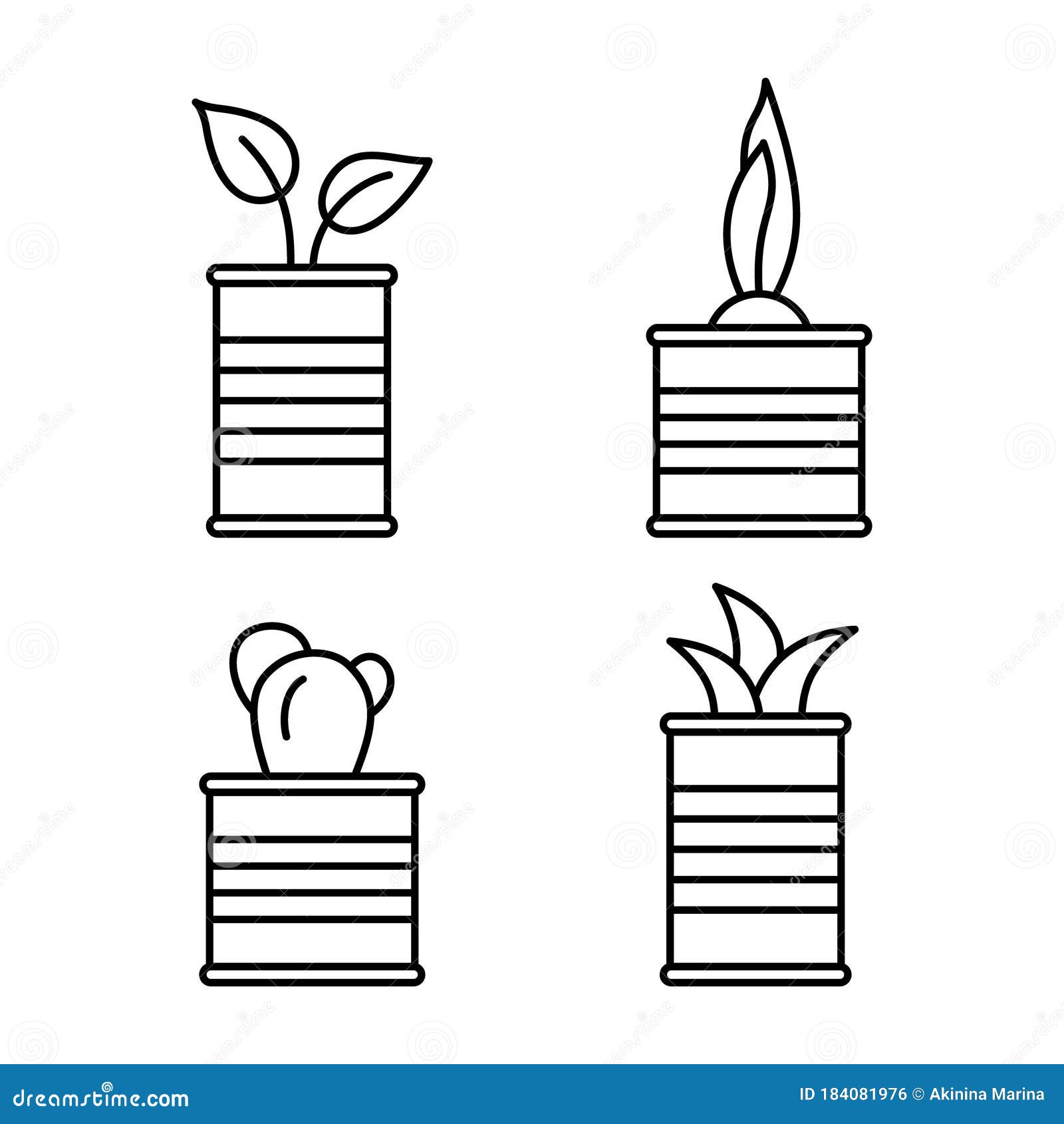 Conjunto De Plantas De Dibujos Animados En Latas De Estaño. Flor En  Recipiente Cilíndrico De Metal Corrugado. Brotes De Primavera Ilustración  del Vector - Ilustración de muestra, conjunto: 184081976