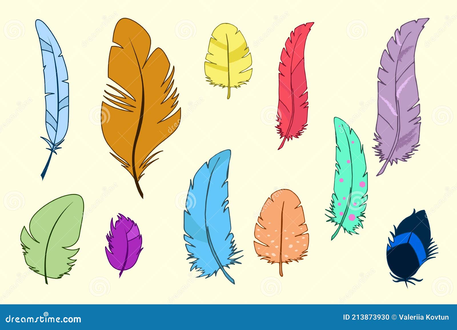 Conjunto De Plumas De Dibujos Animados Multicolores. Plumas De Aves  Tropicales. Ilustración del Vector - Ilustración de hermoso, talla:  213873930