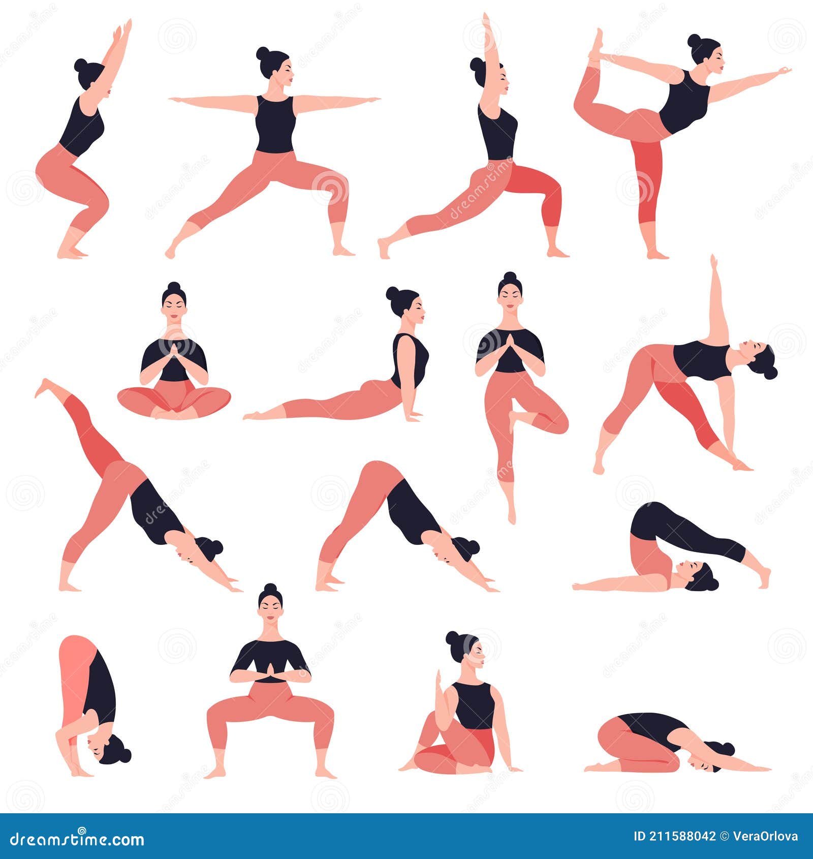 Conjunto De Poses De Ioga. Estilo De Vida Saudável. Personagem De Desenho  Animado Feminino Demonstrando Posições De Yoga. Ilustraç Ilustração do  Vetor - Ilustração de posicione, esporte: 211588042