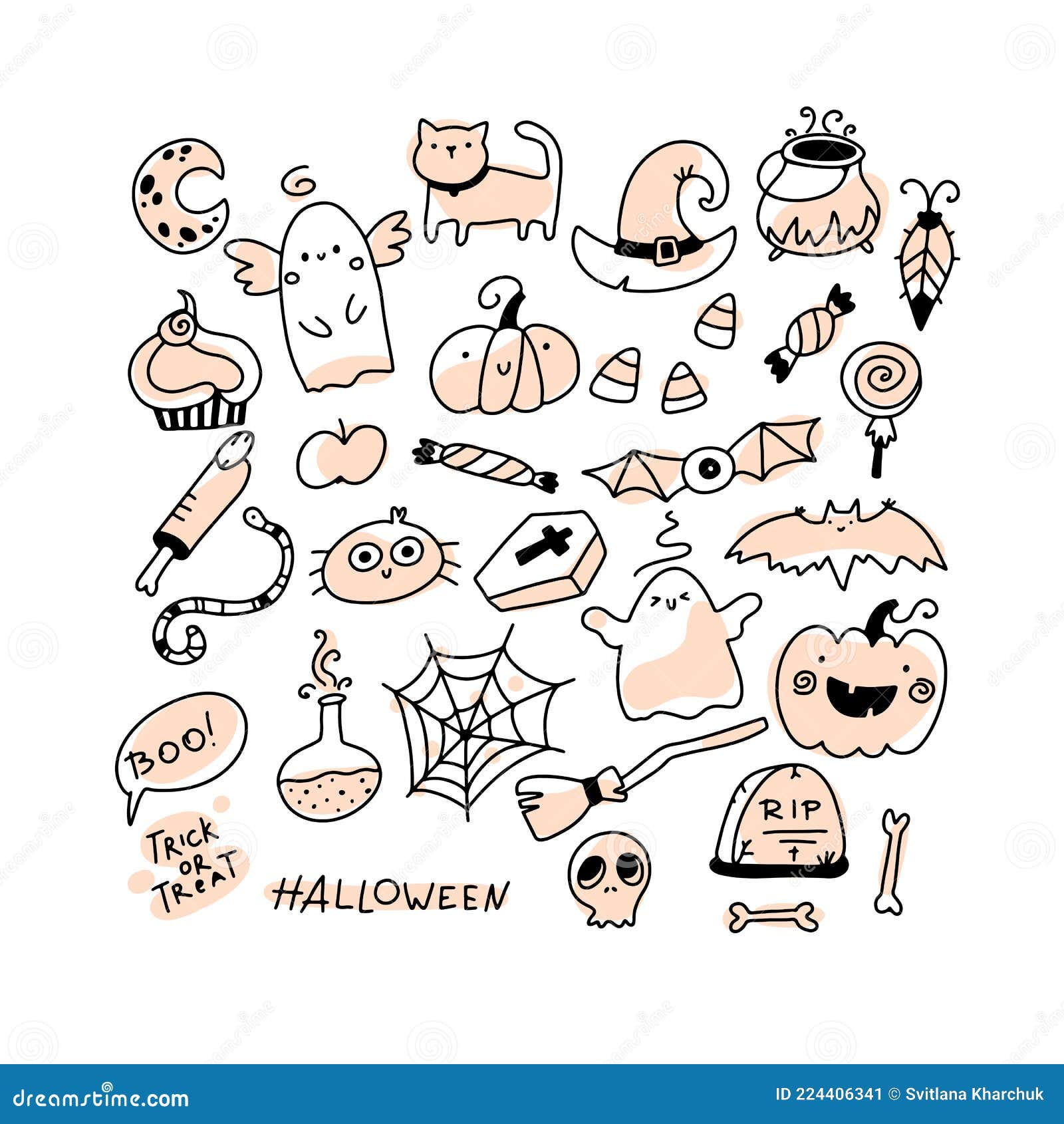 Elementos de contorno de halloween. ilustração vetorial de uma