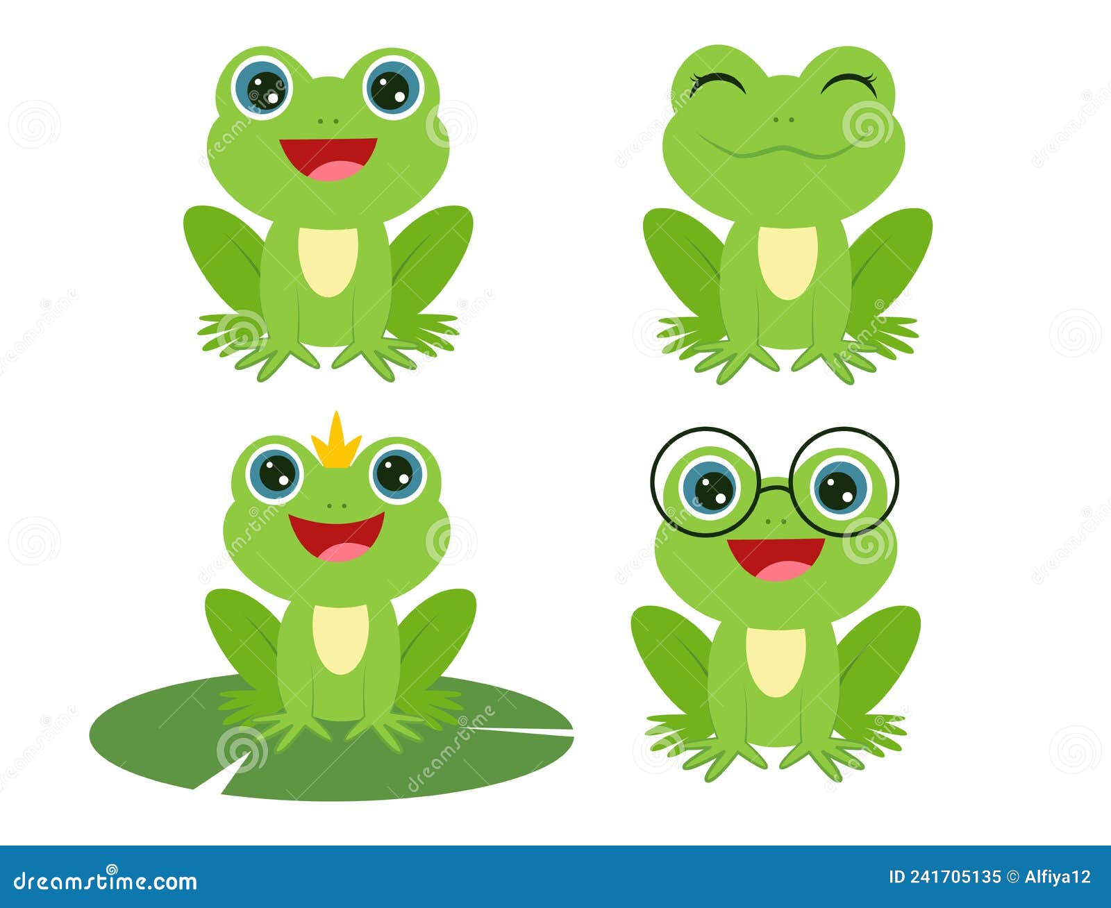 Conjunto De Ranas Sonrientes Verdes Sentadas. Estilo De Dibujos Animados.  Ilustración Vectorial Stock de ilustración - Ilustración de rana, infantil:  241705135
