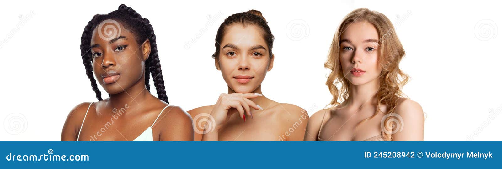Conjunto De Retratos De Jovens Belas Mulheres Com Maquiagem Nua E Pele Lisa Perfeita Que Se Posiciona Isolada Sobre Fundo Branco Foto de Stock