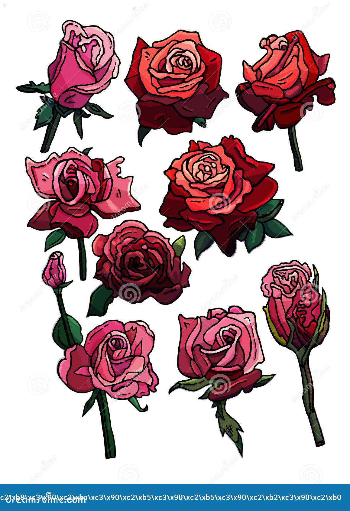 Conjunto De Rosas Rosas Rosas Rosa Y Naranja Flores Y Brotes Estilo De  Dibujos Animados Rosas Stock de ilustración - Ilustración de estilo,  planta: 205849144
