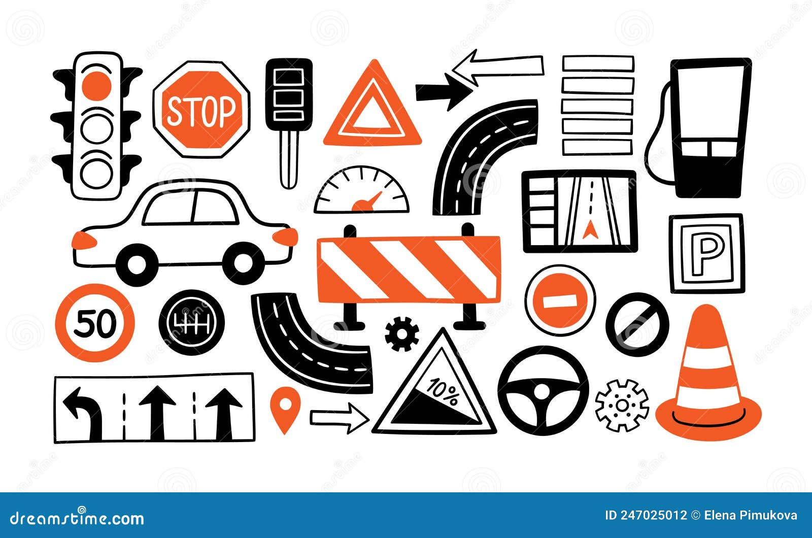 Conjunto De Símbolos De Condução Desenhados à Mão. Carruagem De Objetos  Rodoviários Sinais De Trânsito E Símbolos De Automóveis Em Ilustração do  Vetor - Ilustração de estrada, excitador: 247025012