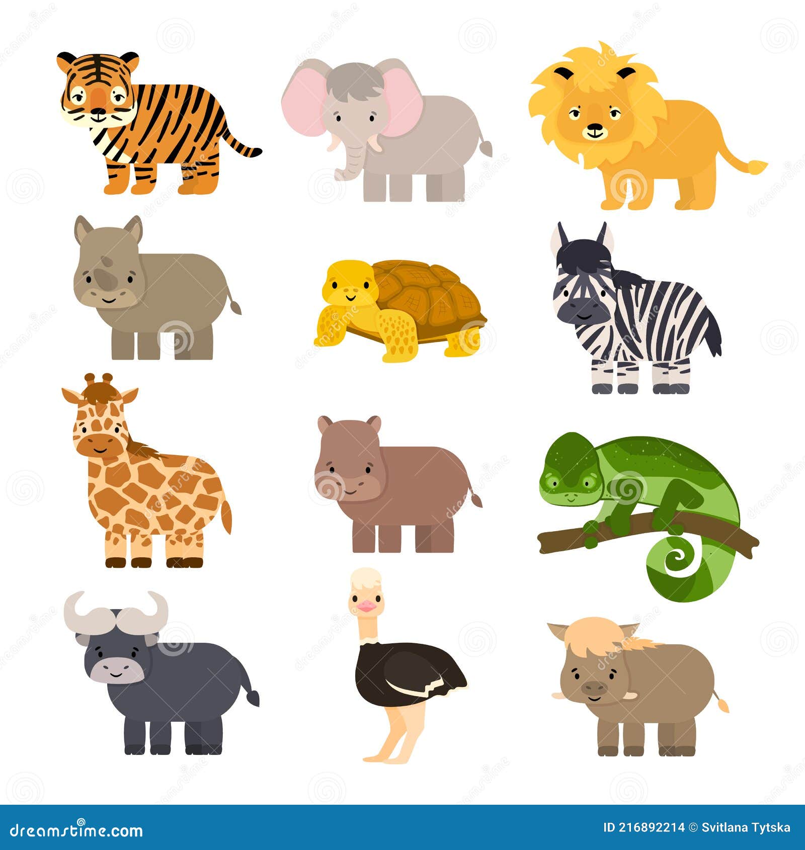 Conjunto De Simples Animales De La Sabana De Dibujos Animados Vector  Aislado En Estilo Plano. Tigre León Rinoceronte Común Warthog Ilustración  del Vector - Ilustración de animales, selva: 216892214