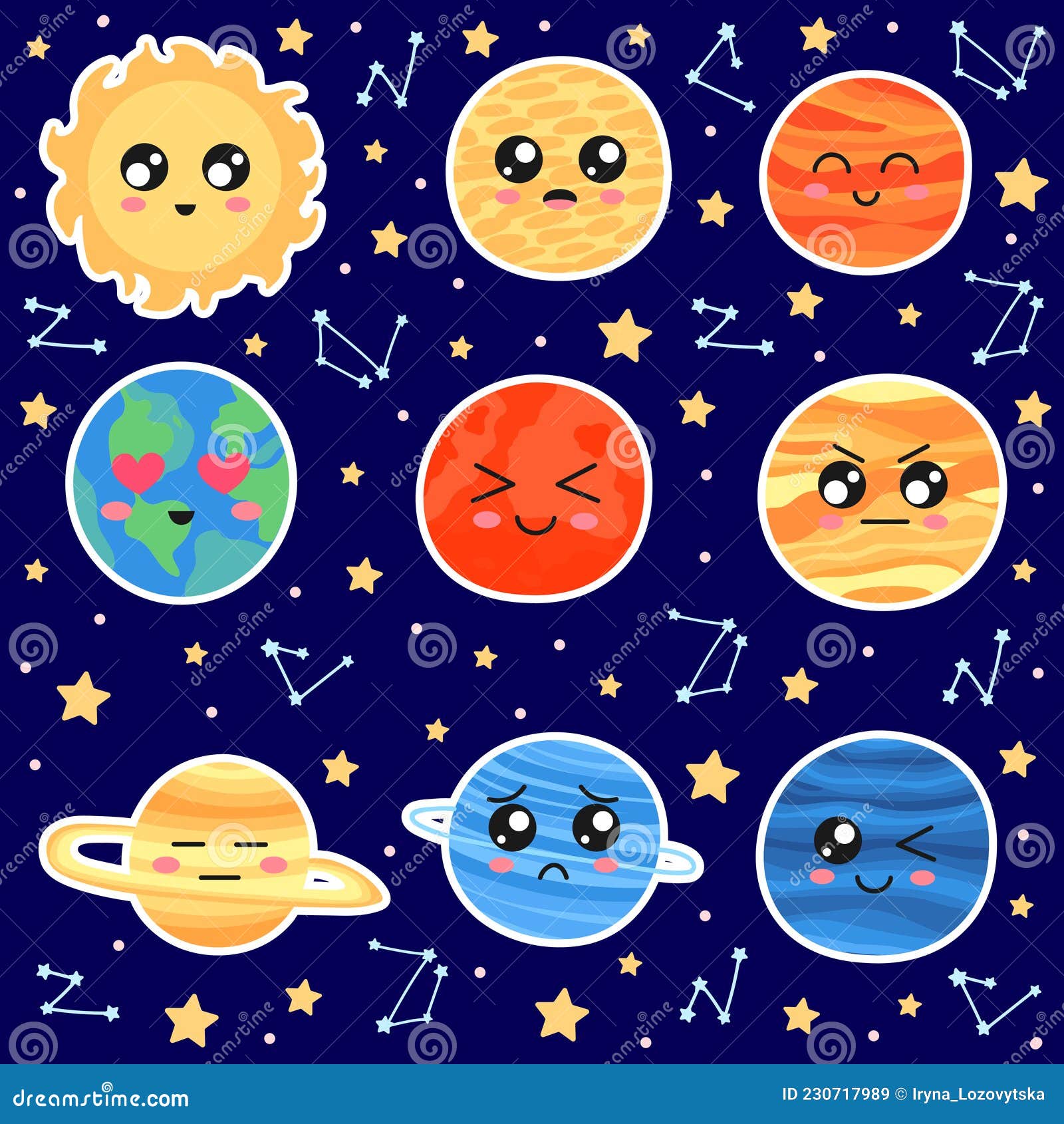 Conjunto De Sistemas Solares Lindos Planetas Con Kawaii Caras Pegatinas  Sobre Fondo Oscuro Universo Divertido Emojii Para Los Niño Ilustración del  Vector - Ilustración de neptuno, planeta: 230717989