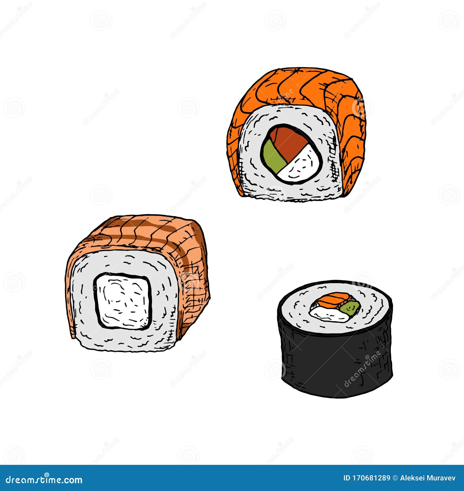 Conjunto De Sushi Ilustraciones De Dibujos Animados Objetos Aislados En Un  Fondo Blanco Ruedas Estilo a Mano Stock de ilustración - Ilustración de  aislado, icono: 170681289