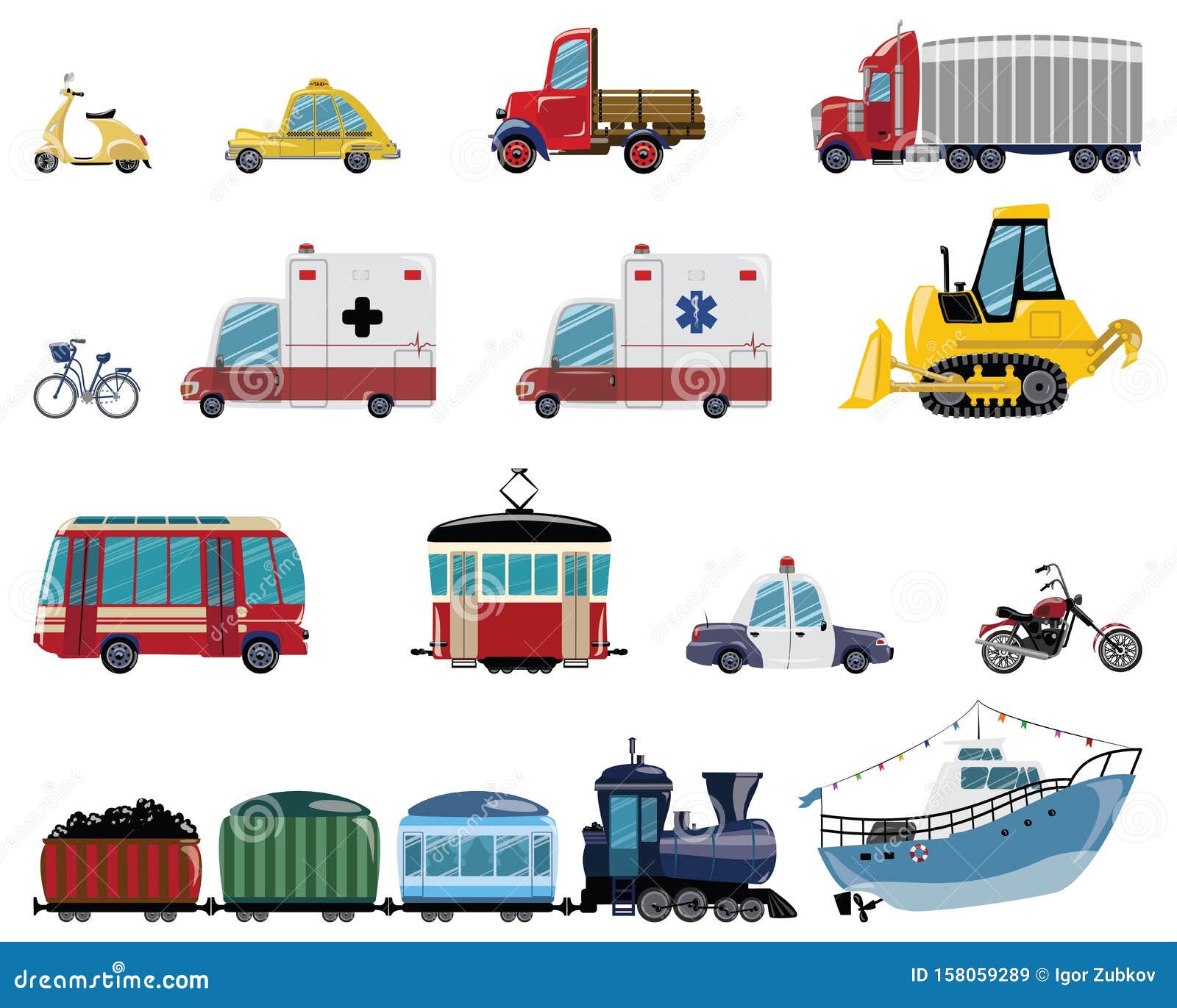 conjunto de carros da cidade do bebê. transporte engraçado. ilustração  vetorial dos desenhos animados em estilo simples infantil simples para  crianças. o carro de bombeiros, ambulância, polícia, ônibus escolar e  corridas isoladas